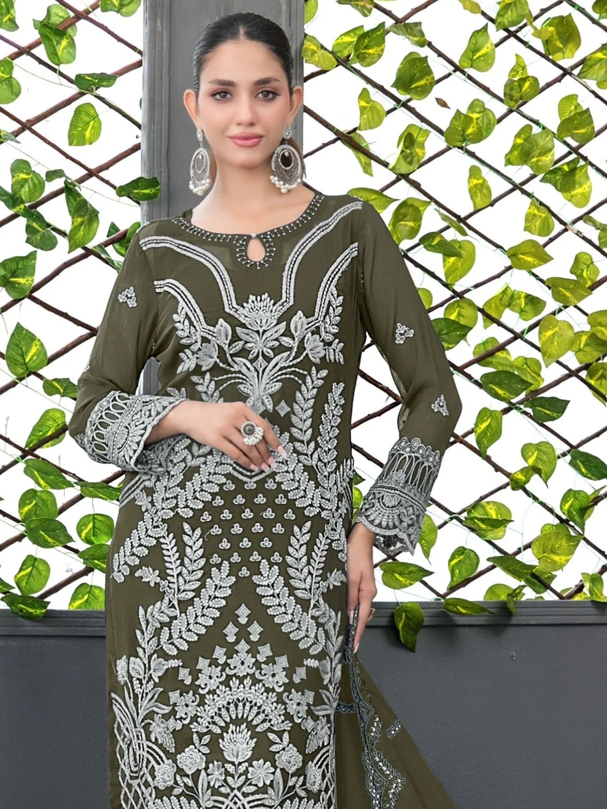 Odette Olive Green Silk Blend Embroidered Semi-Sitched Kurta Set For Women - Image 2