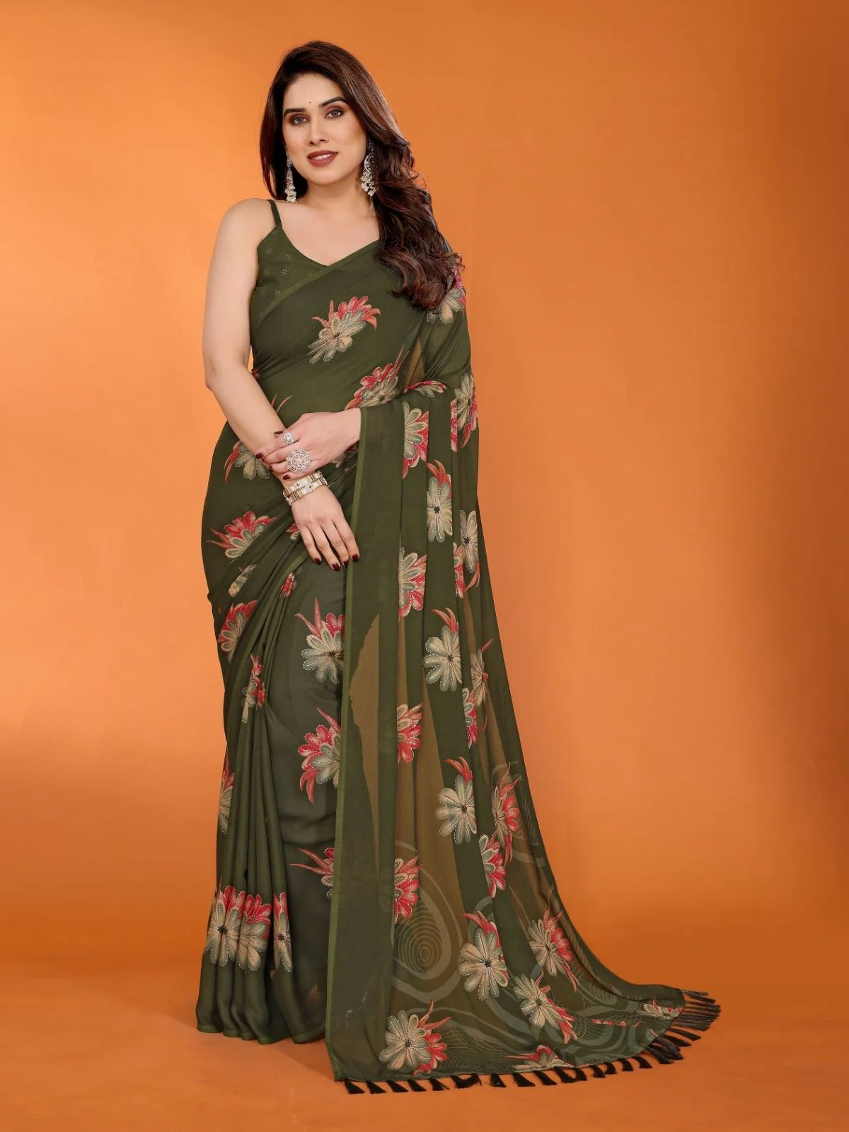 Odette Olive Green Silk Blend Floral Print Saree For Women
