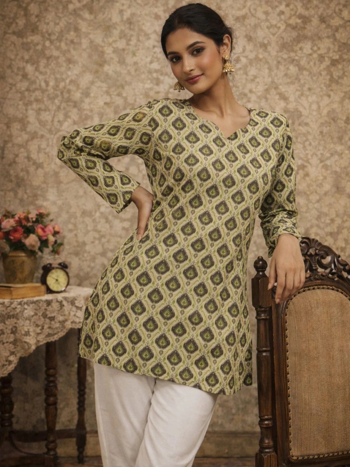 Odette Olive Green Silk Blend Printed Solid Kurti For Women - Image 2