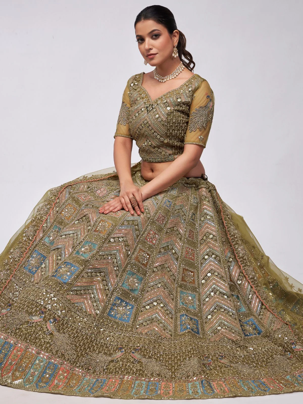 Odette Olive Green Soft Net Embroidered Semi Stitched Lehenga With Unstitched Blouse For Women - Image 3