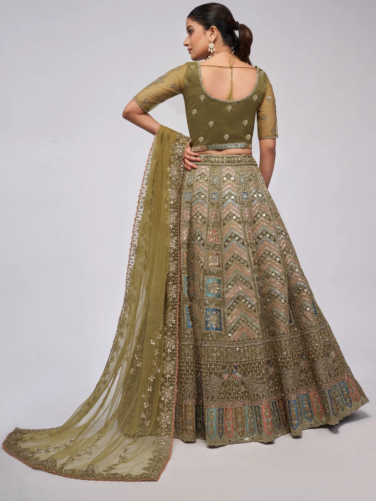Odette Olive Green Soft Net Embroidered Semi Stitched Lehenga With Unstitched Blouse For Women - Image 5