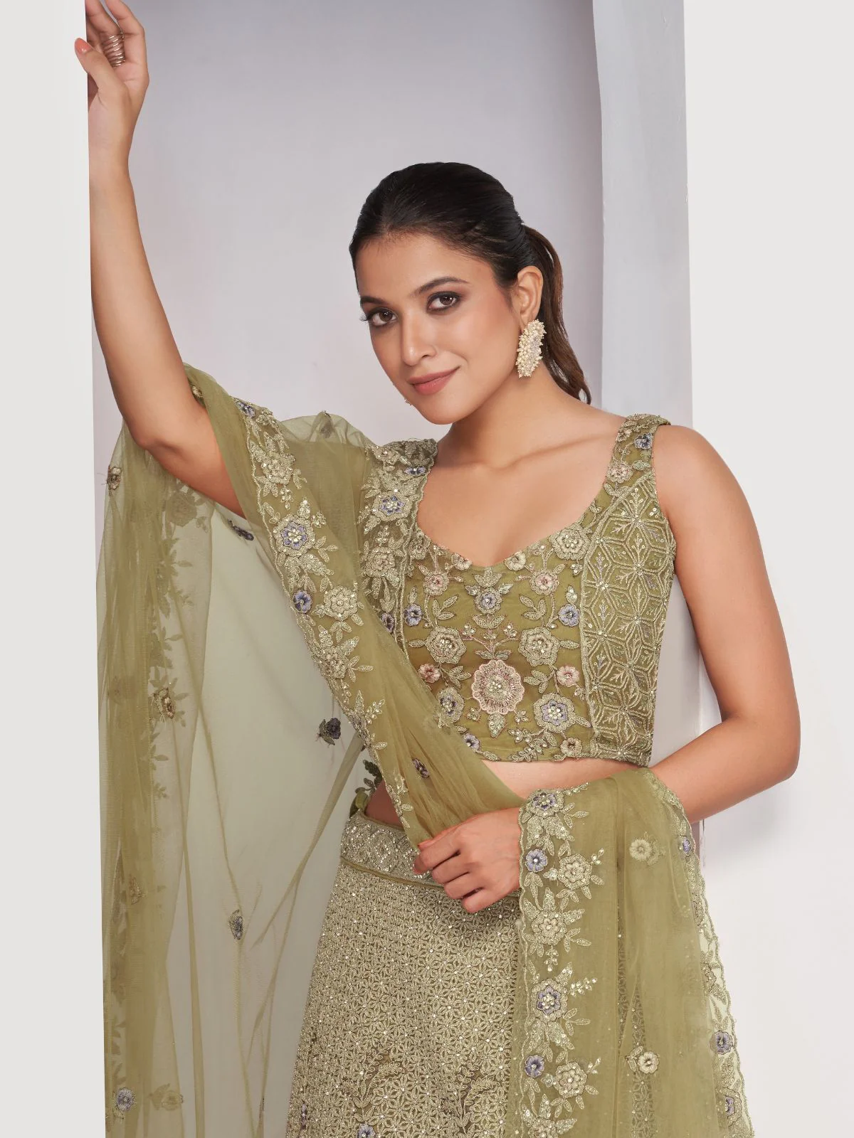 Odette Olive Green Soft Net Embroidered Semi Stitched Lehenga With Unstitched Blouse For Women - Image 4