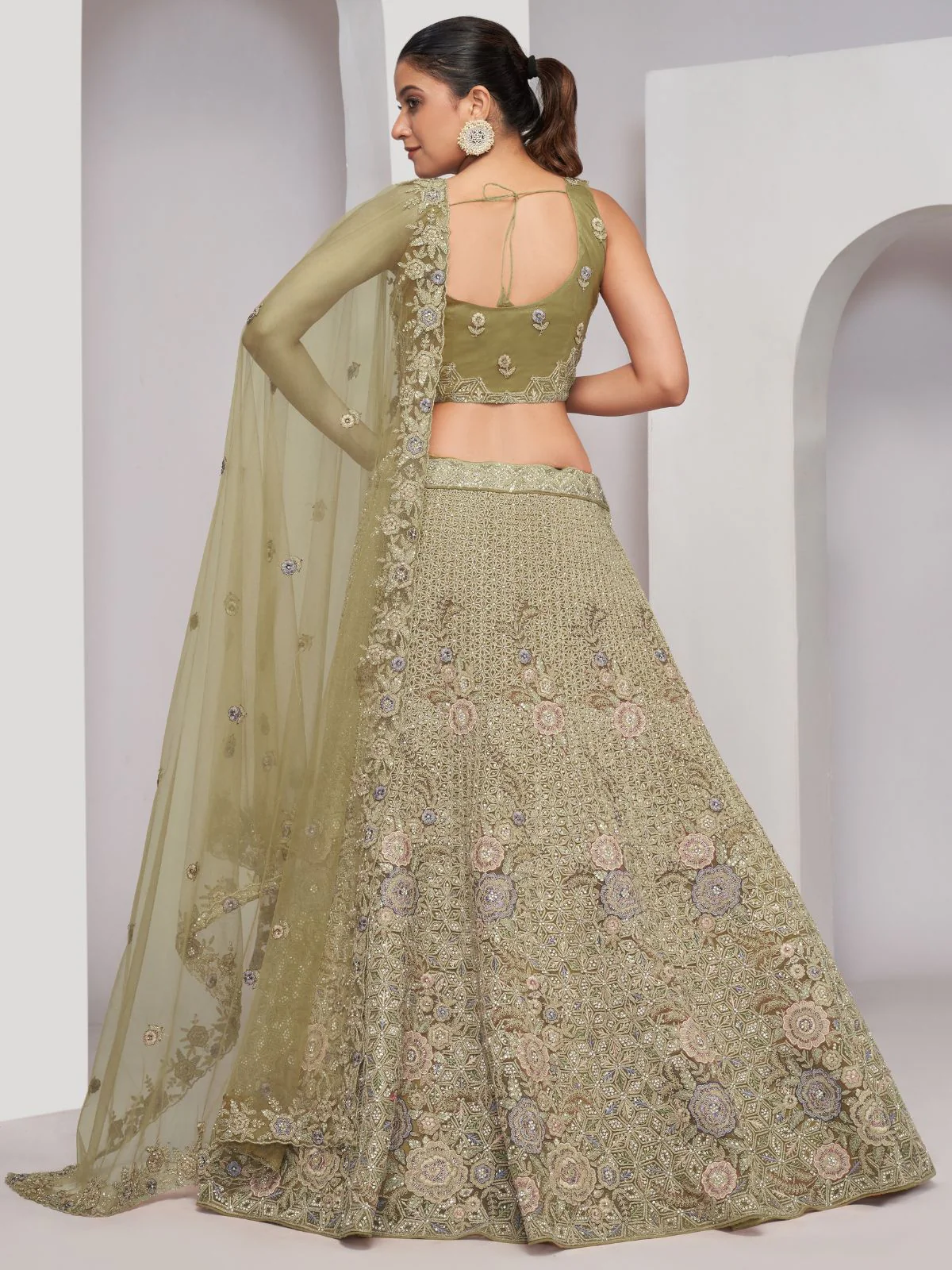 Odette Olive Green Soft Net Embroidered Semi Stitched Lehenga With Unstitched Blouse For Women - Image 5