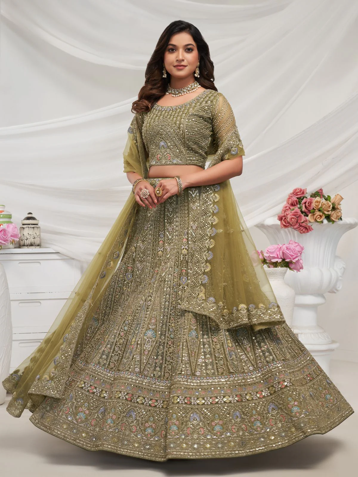 Odette Olive Green Soft Net Embroidered Semi Stitched Lehenga With Unstitched Blouse For Women - Image 3