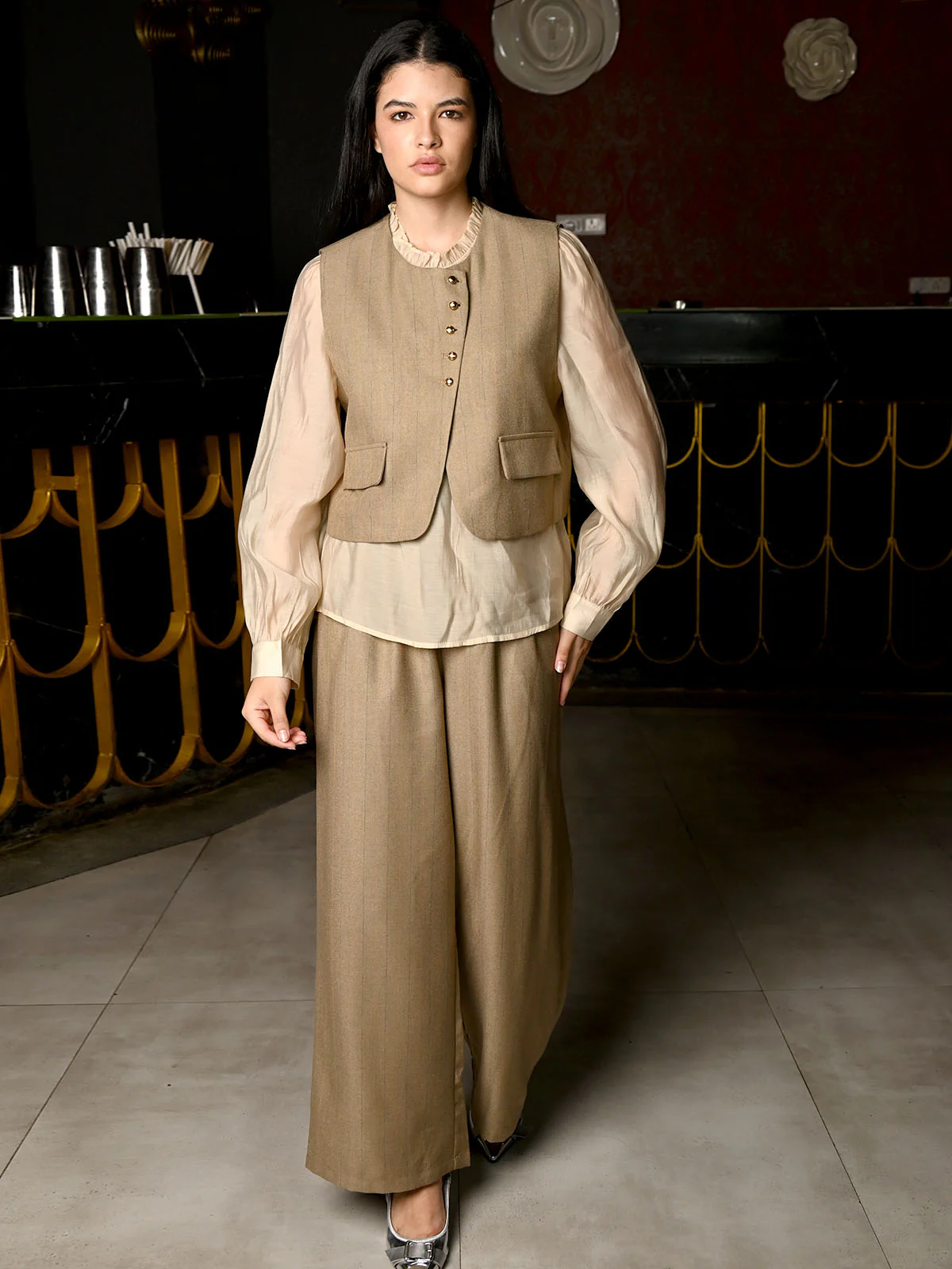 Odette Olive Green Suiting Fabric Solid Three Piece Co-Ord Set For Women