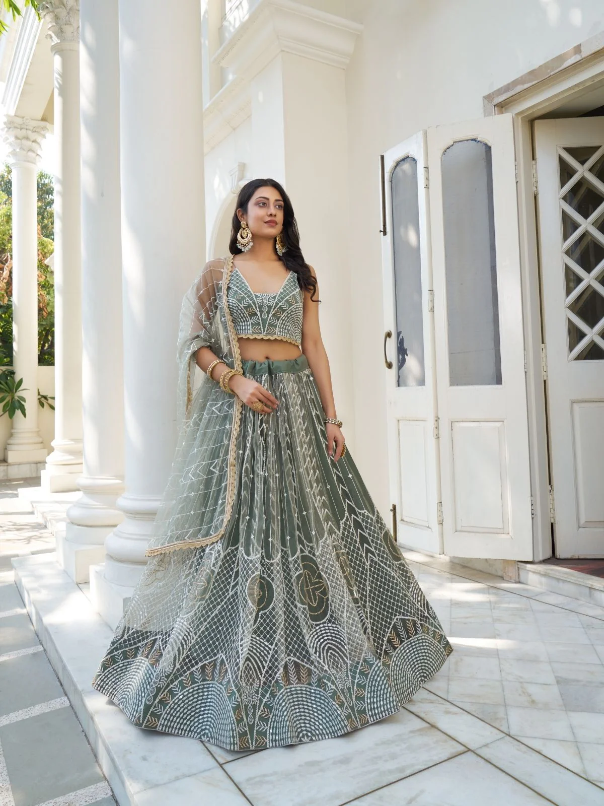 Odette Olive Net Embroidered Semi Stitched Lehenga For Women