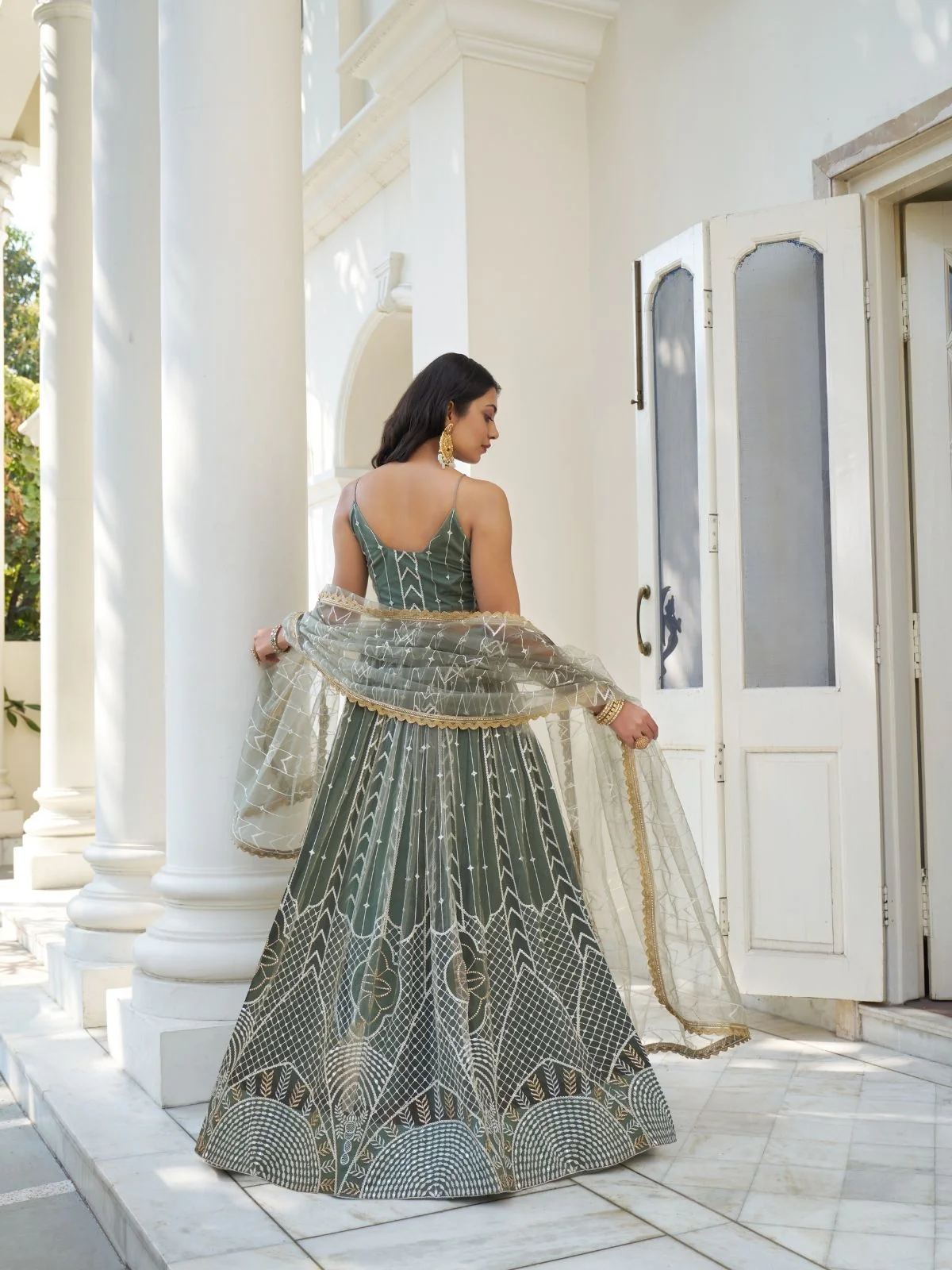Odette Olive Net Embroidered Semi Stitched Lehenga For Women - Image 2