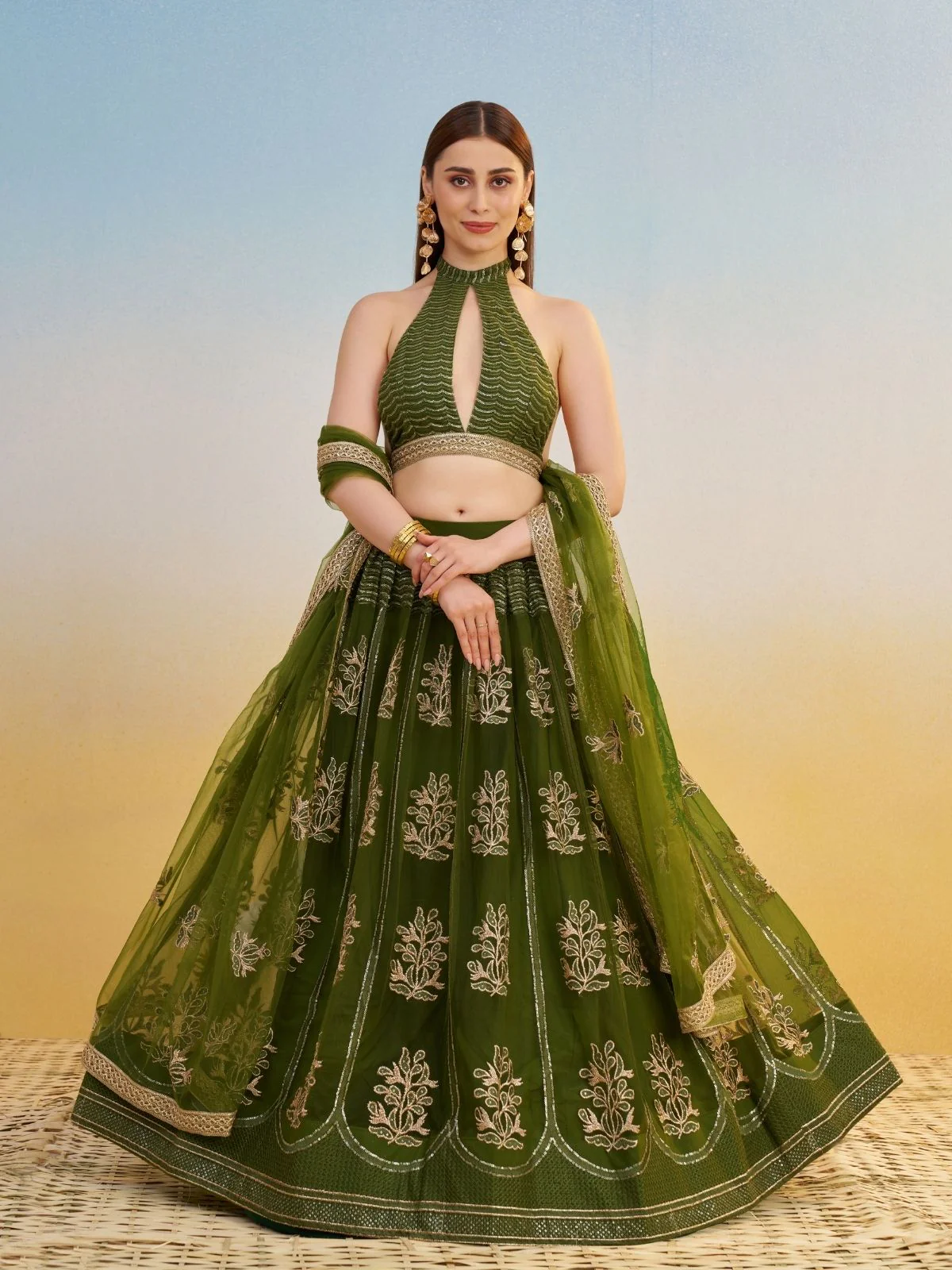 Odette Olive Net Embroidered Semi Stitched Lehenga For Women