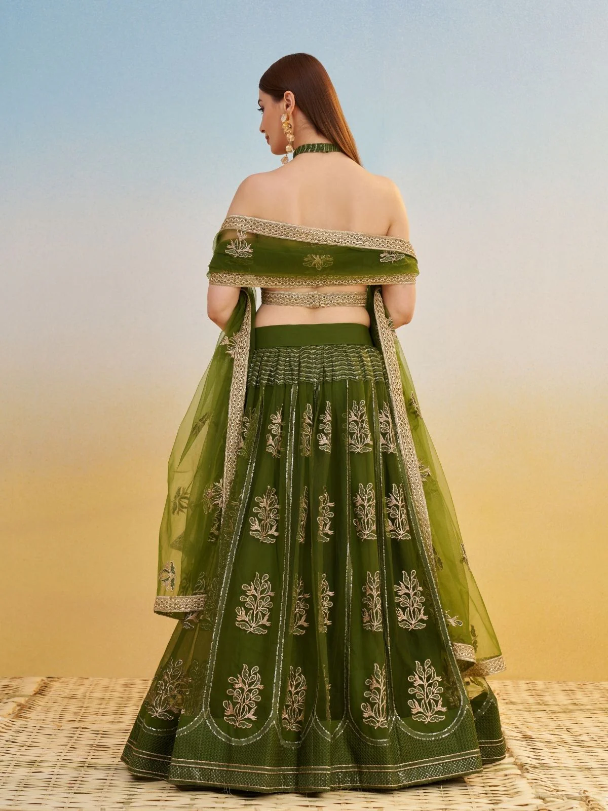 Odette Olive Net Embroidered Semi Stitched Lehenga For Women - Image 3