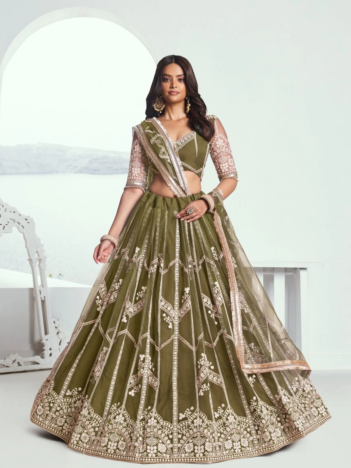 Odette Olive Net Embroidered Semi Stitched Lehenga For Women