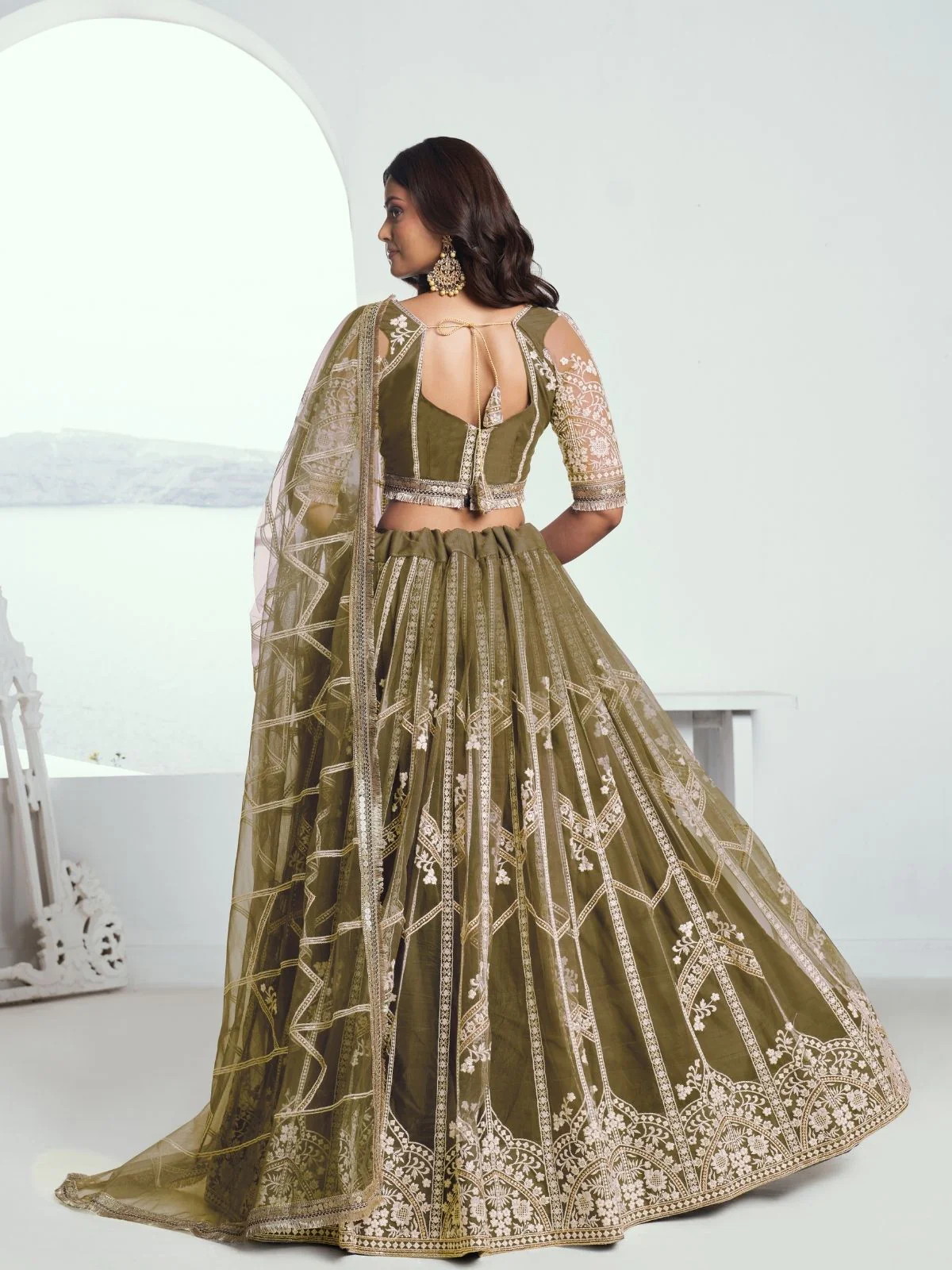 Odette Olive Net Embroidered Semi Stitched Lehenga For Women - Image 3