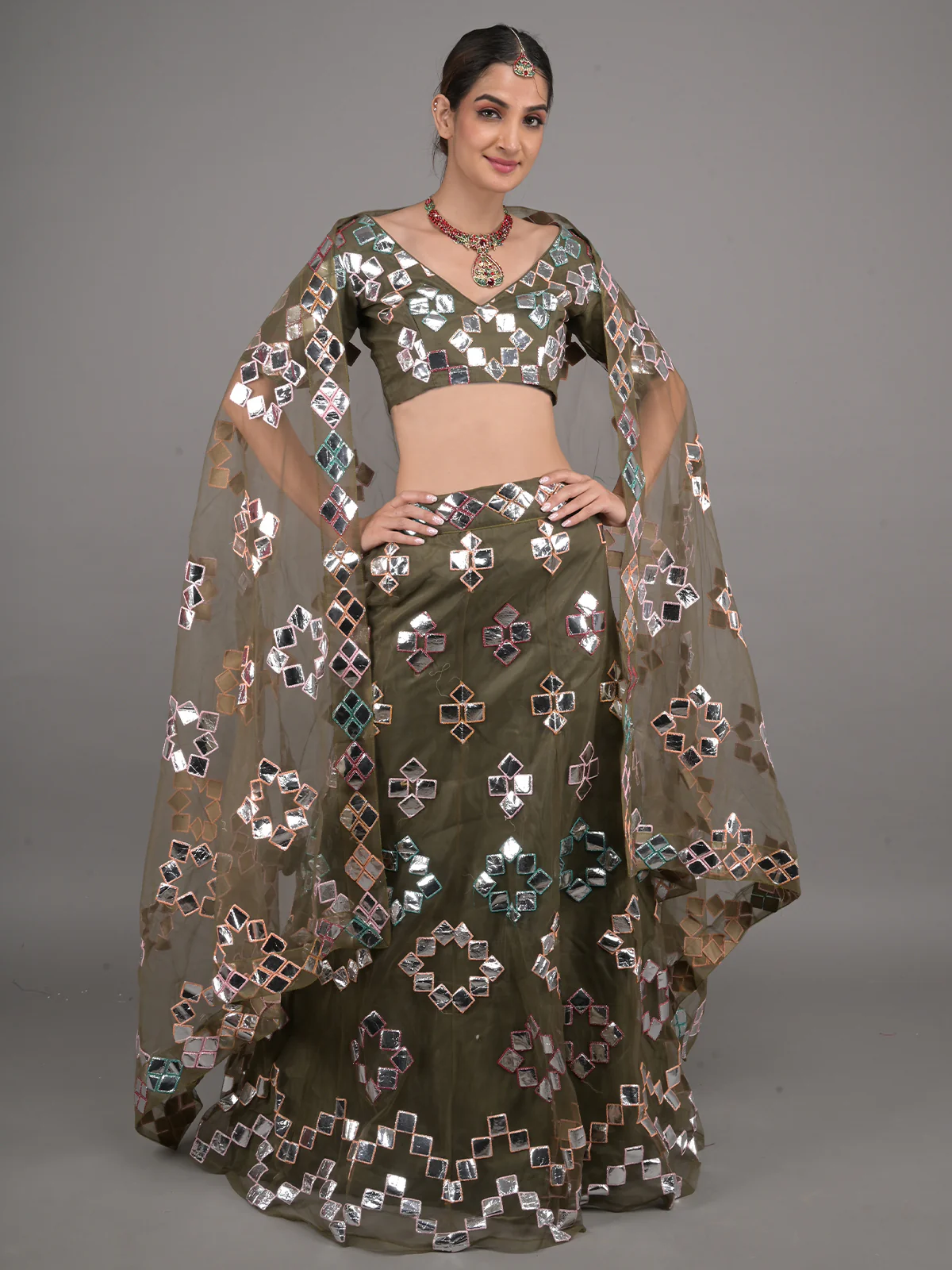 Odette Olive Net Foil Mirror Work Stitched Lehenga Set For Women