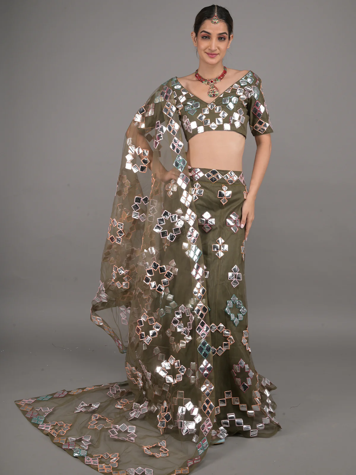 Odette Olive Net Foil Mirror Work Stitched Lehenga Set For Women - Image 2
