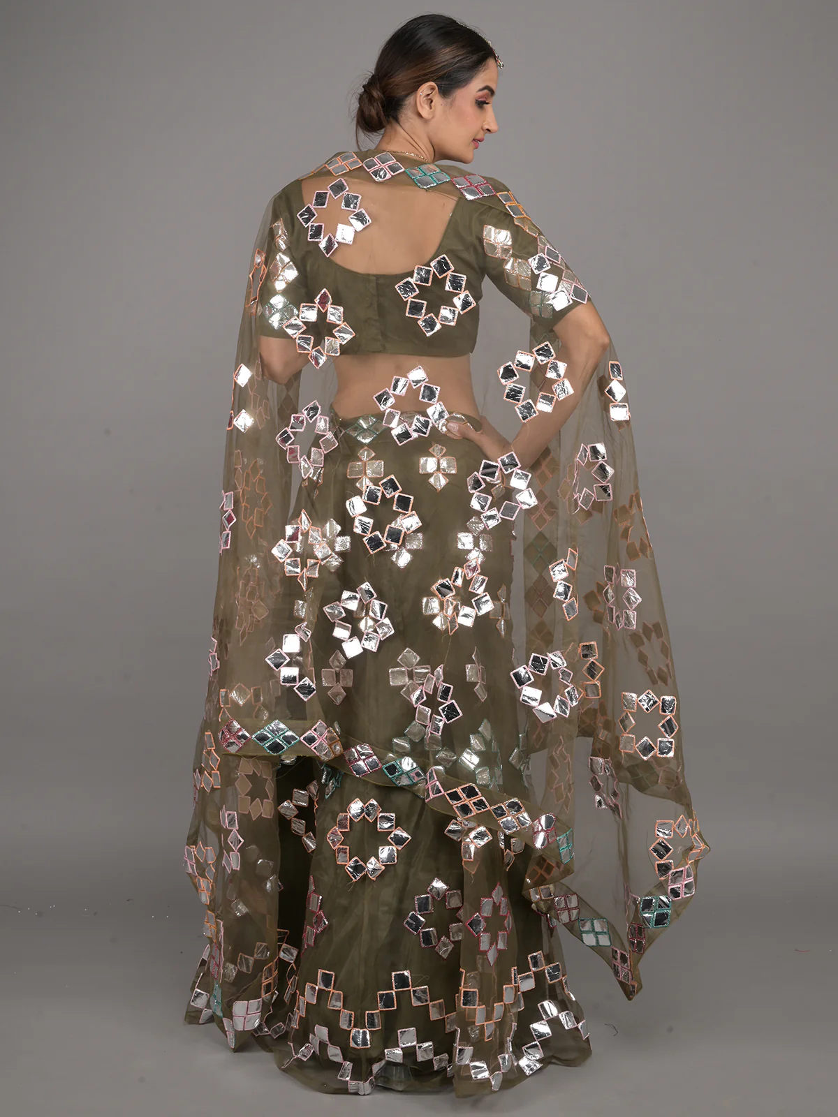 Odette Olive Net Foil Mirror Work Stitched Lehenga Set For Women - Image 3