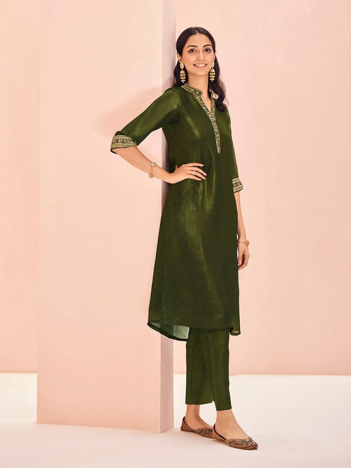 Odette Olive Organza Embroidered Stitched Kurta Set For Women - Image 2