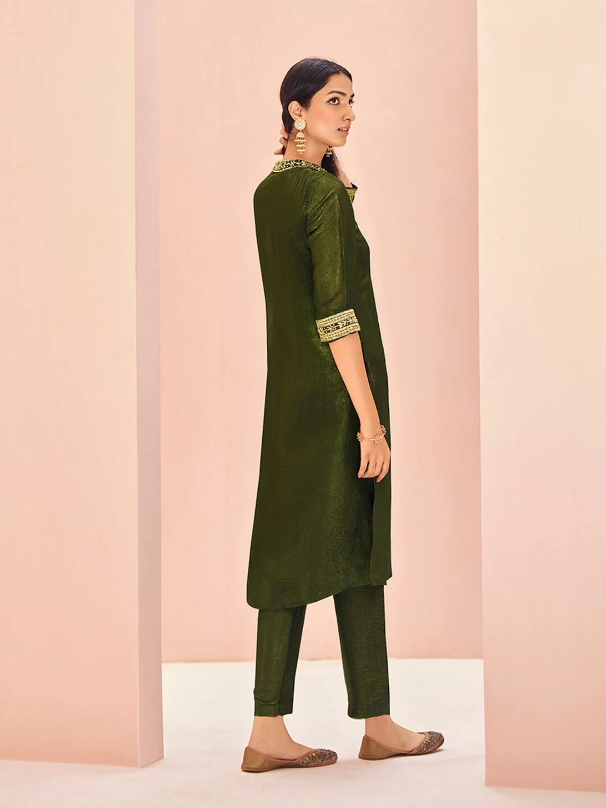 Odette Olive Organza Embroidered Stitched Kurta Set For Women - Image 4