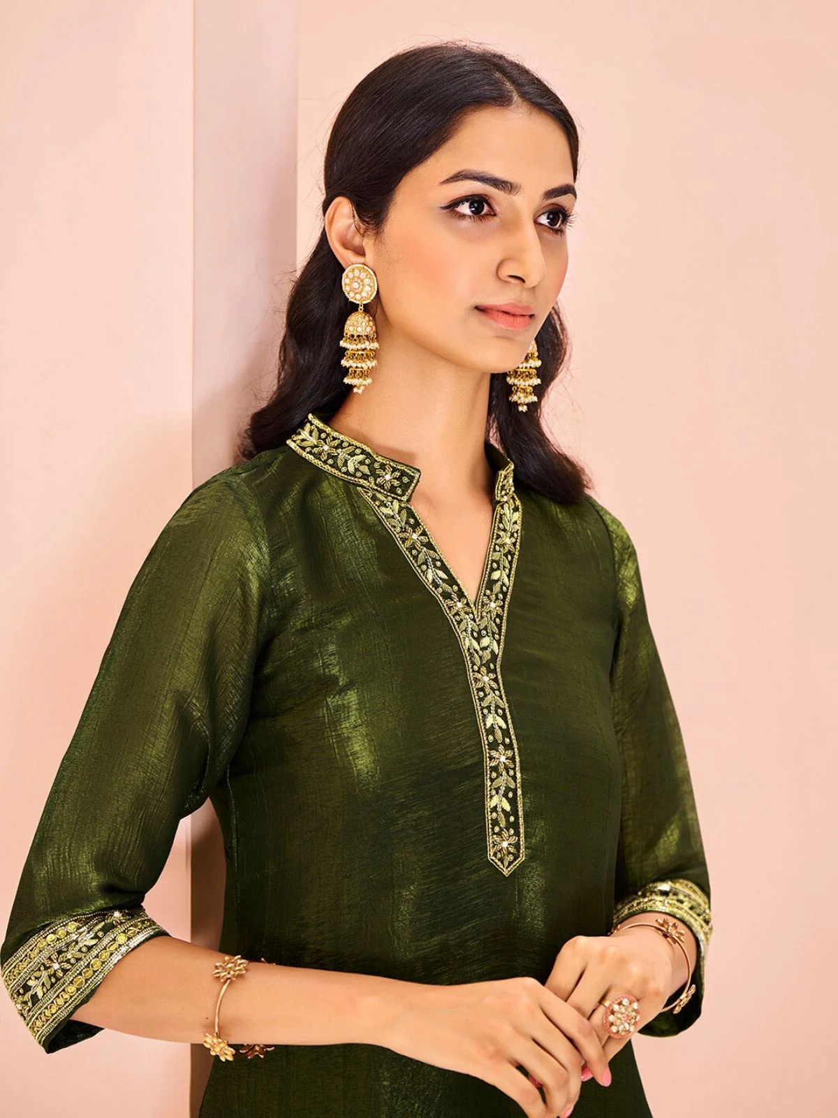 Odette Olive Organza Embroidered Stitched Kurta Set For Women - Image 5