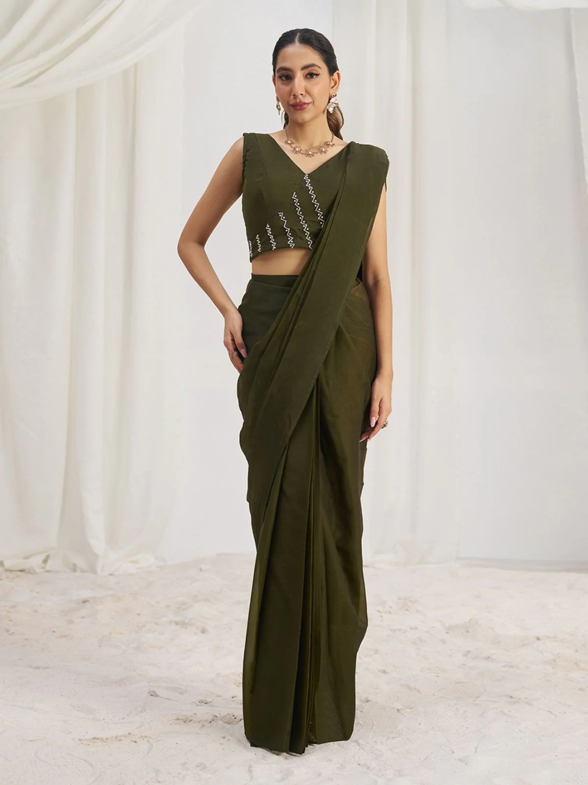 Odette Olive Organza Solid Ready To Wear Saree With Stitched Blouse For Women