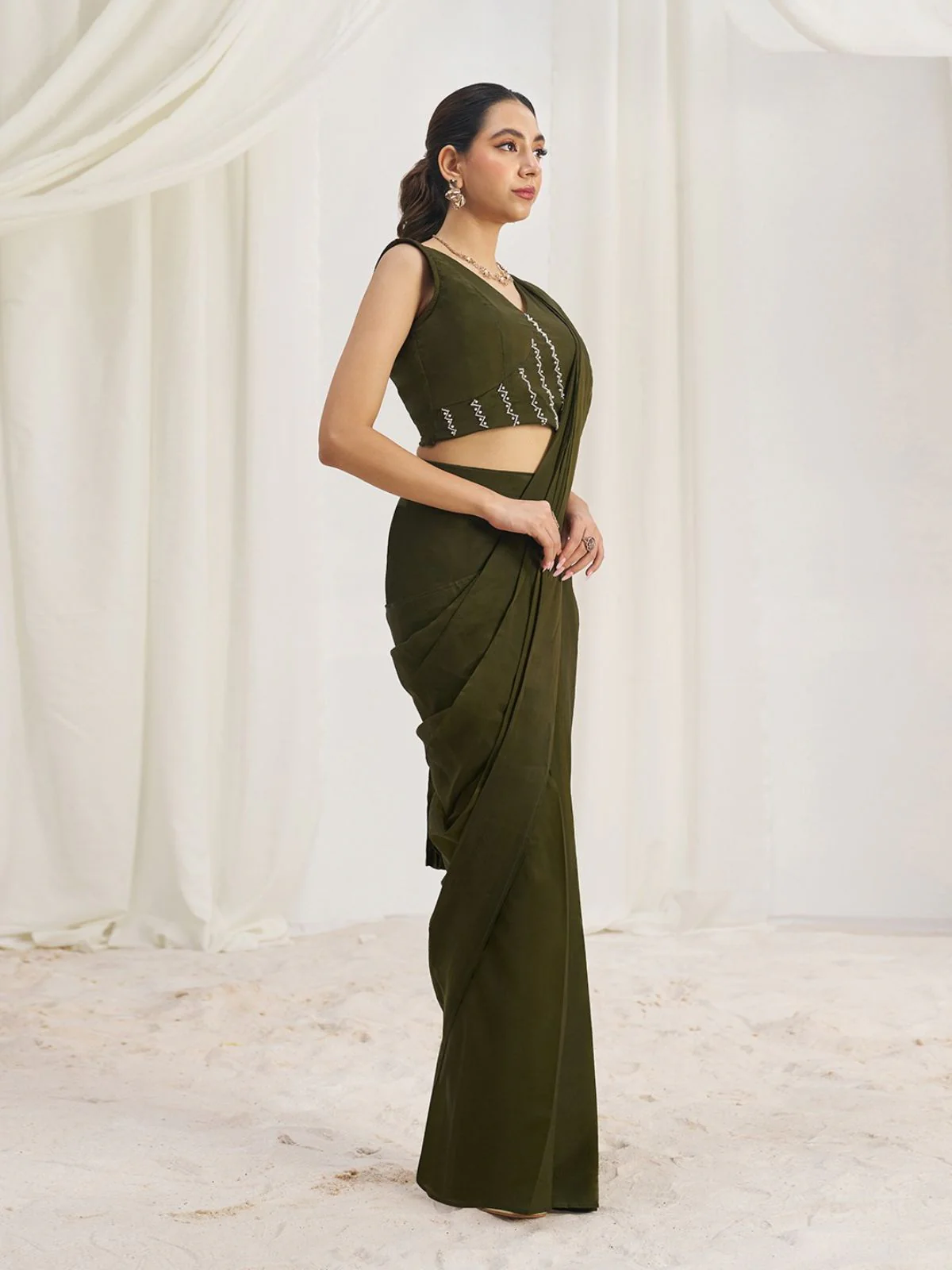 Odette Olive Organza Solid Ready To Wear Saree With Stitched Blouse For Women - Image 4