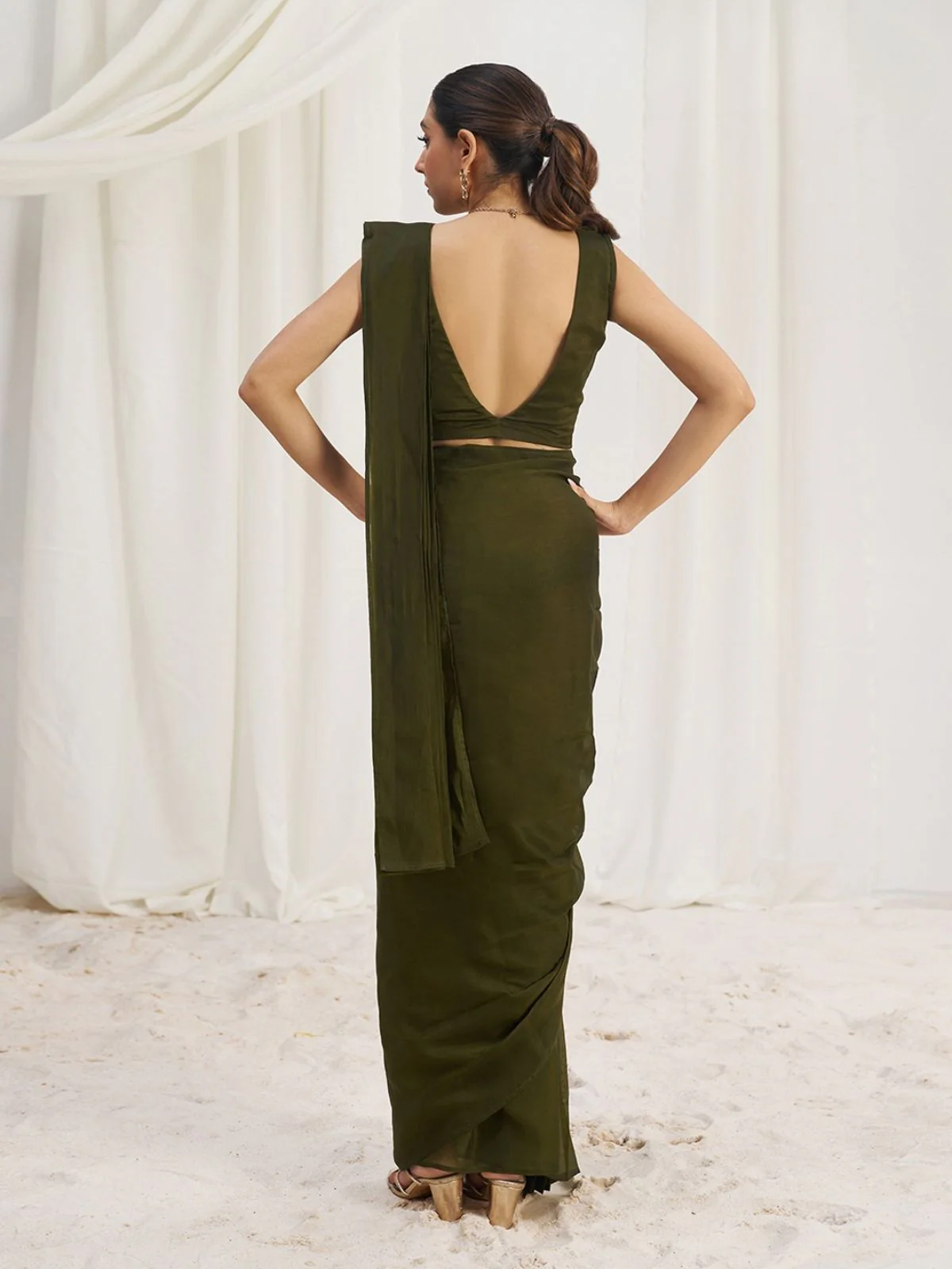 Odette Olive Organza Solid Ready To Wear Saree With Stitched Blouse For Women - Image 5