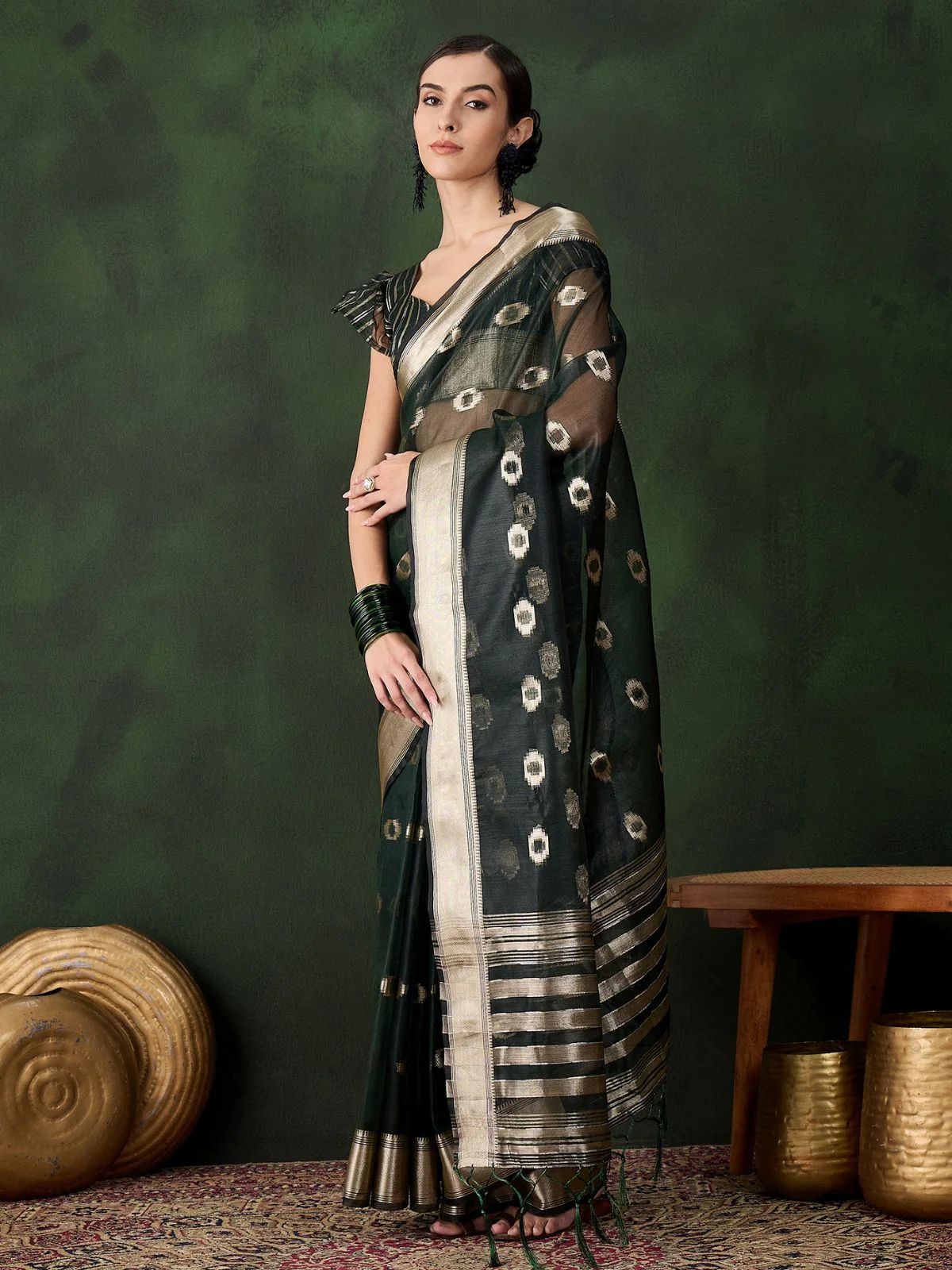 Odette Olive Organza Woven Saree With Unstitched Blouse For Women