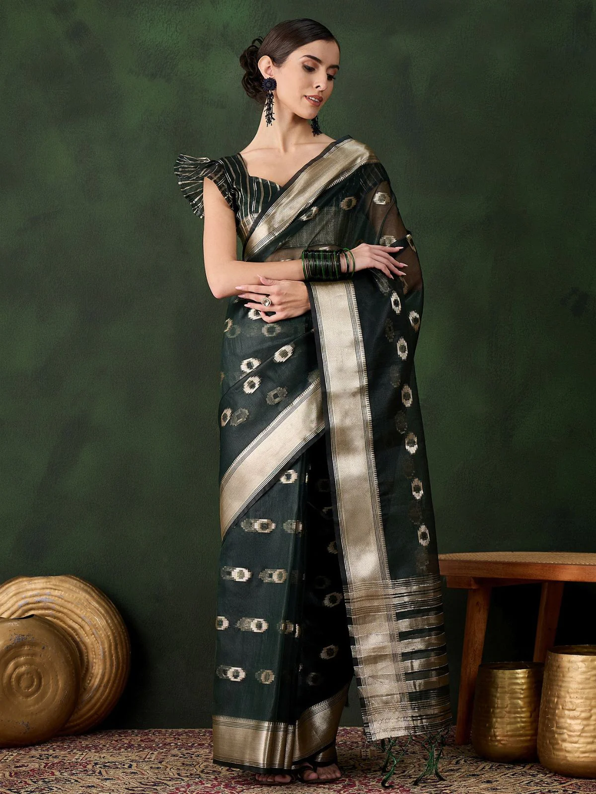 Odette Olive Organza Woven Saree With Unstitched Blouse For Women - Image 2