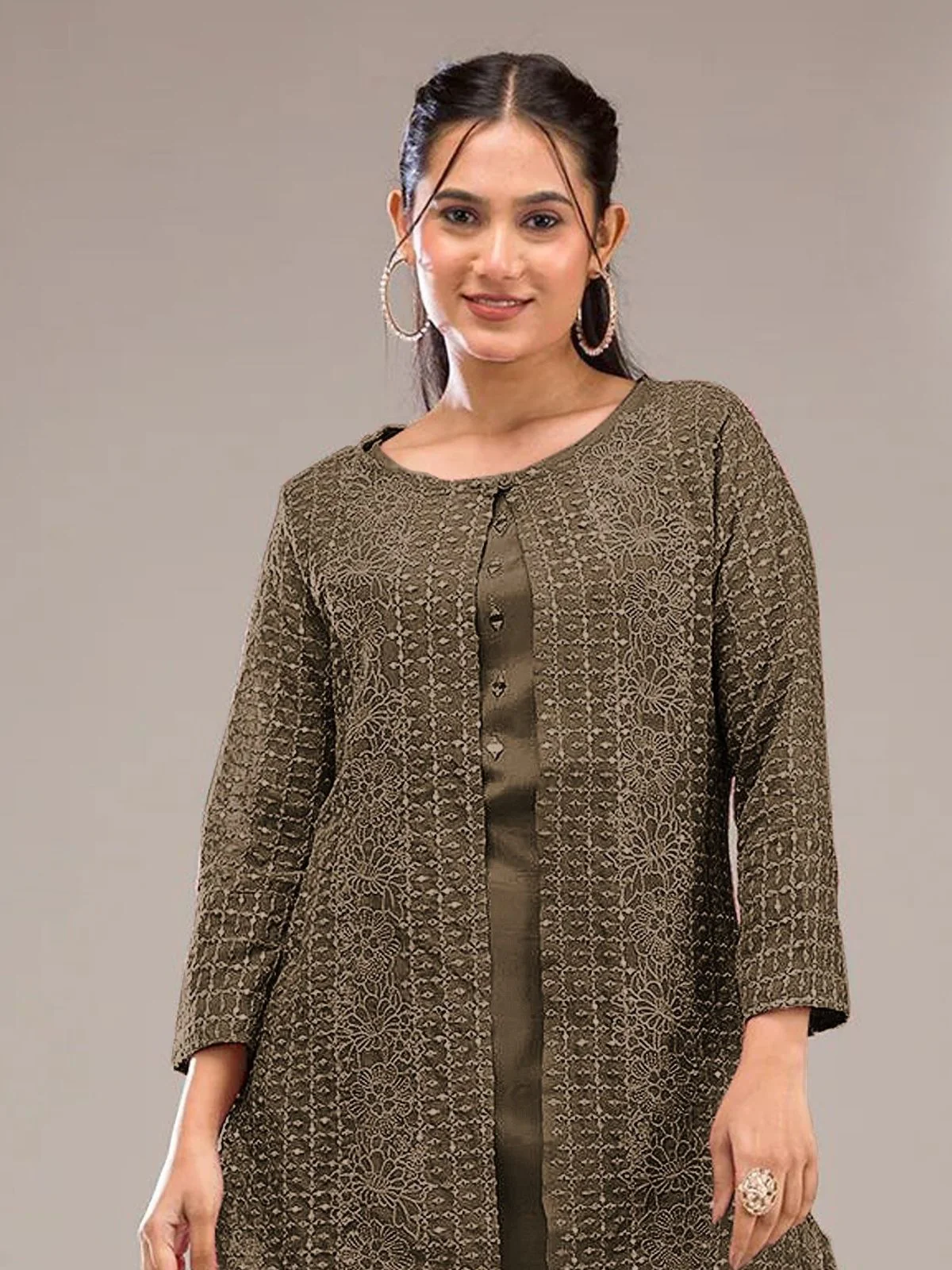 Odette Olive Poly Crepe Solid Semi Stitched Kurta Set For Women - Image 2