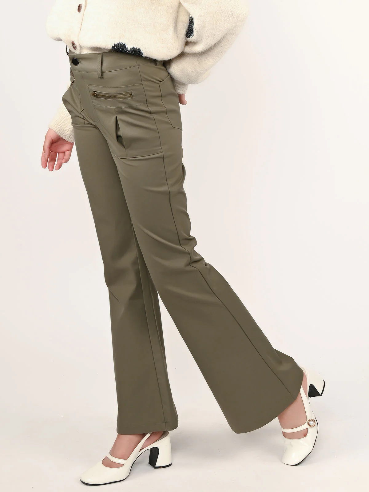 Odette Olive Polyester Solid Trouser For Women - Image 2