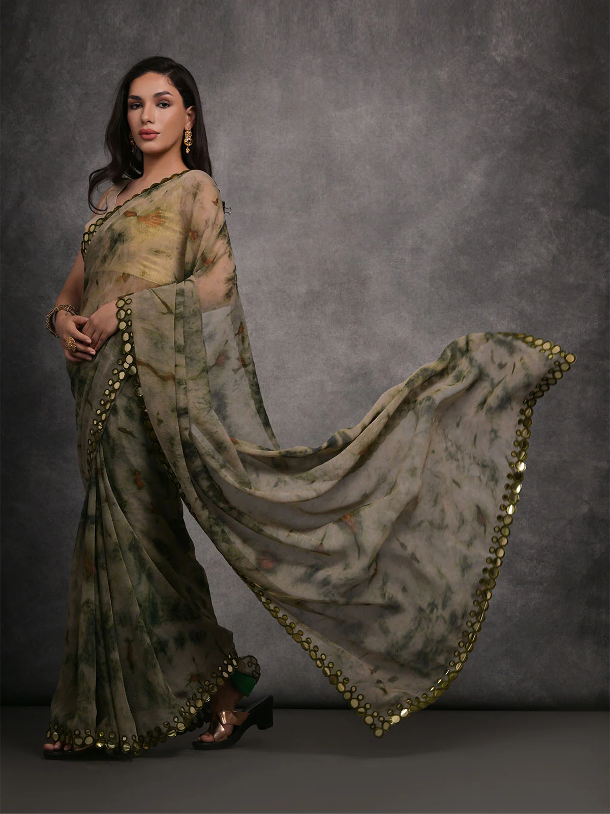 Odette Olive Printed Georgette Saree With Unstitched Blouse For Women - Image 2