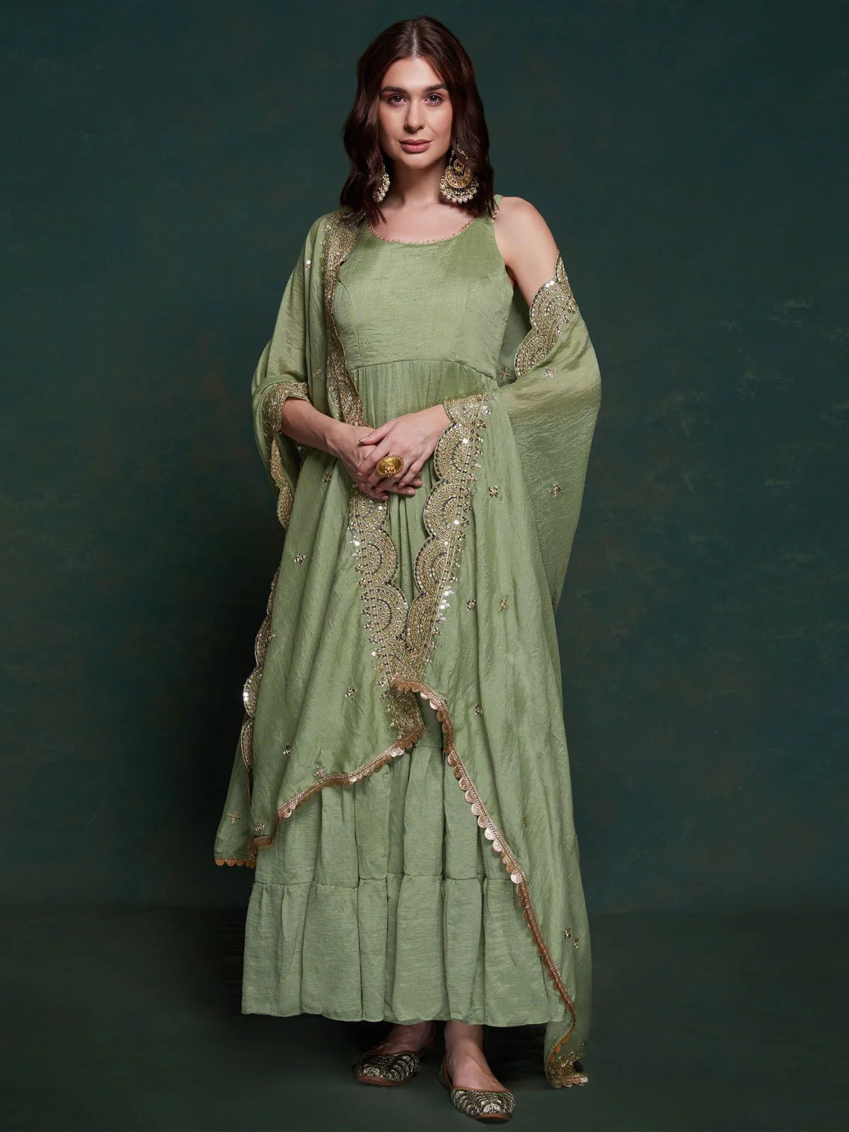 Odette Olive Printed Georgette Stitched Gown For Women - Image 2