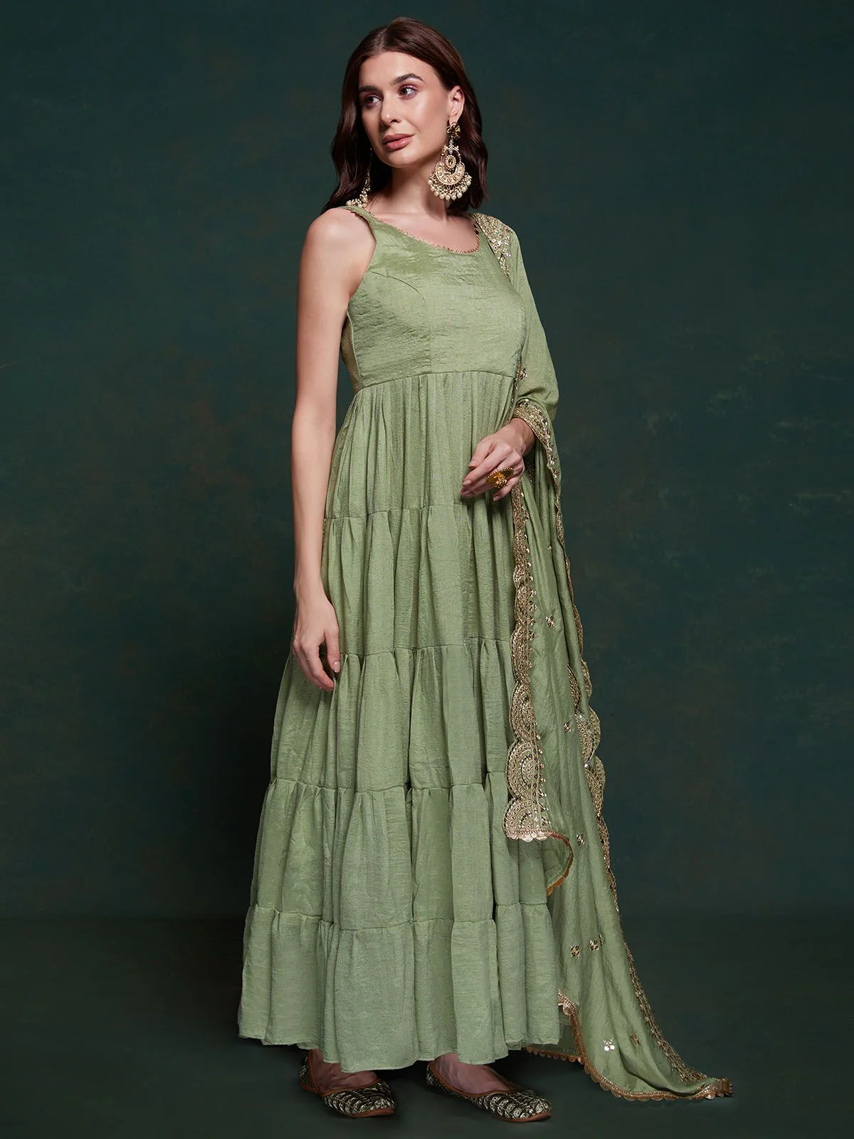 Odette Olive Printed Georgette Stitched Gown For Women - Image 4