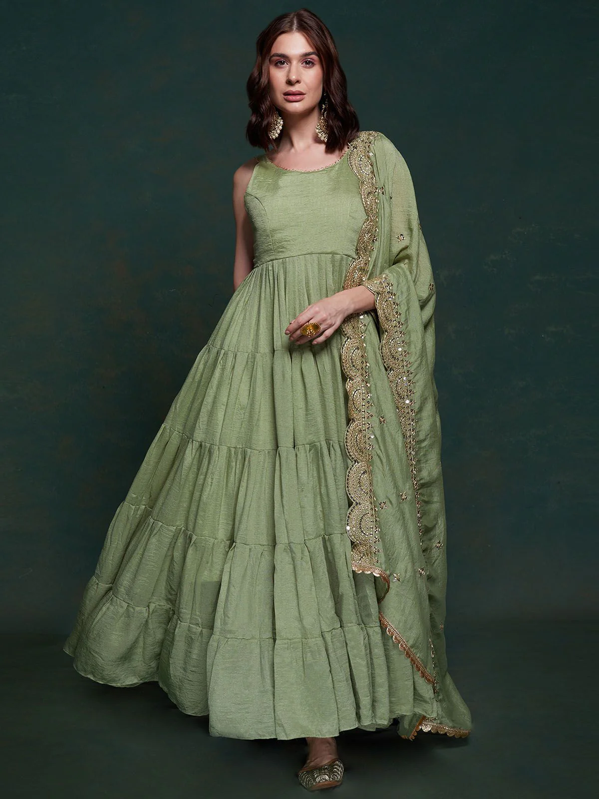 Odette Olive Printed Georgette Stitched Gown For Women - Image 5