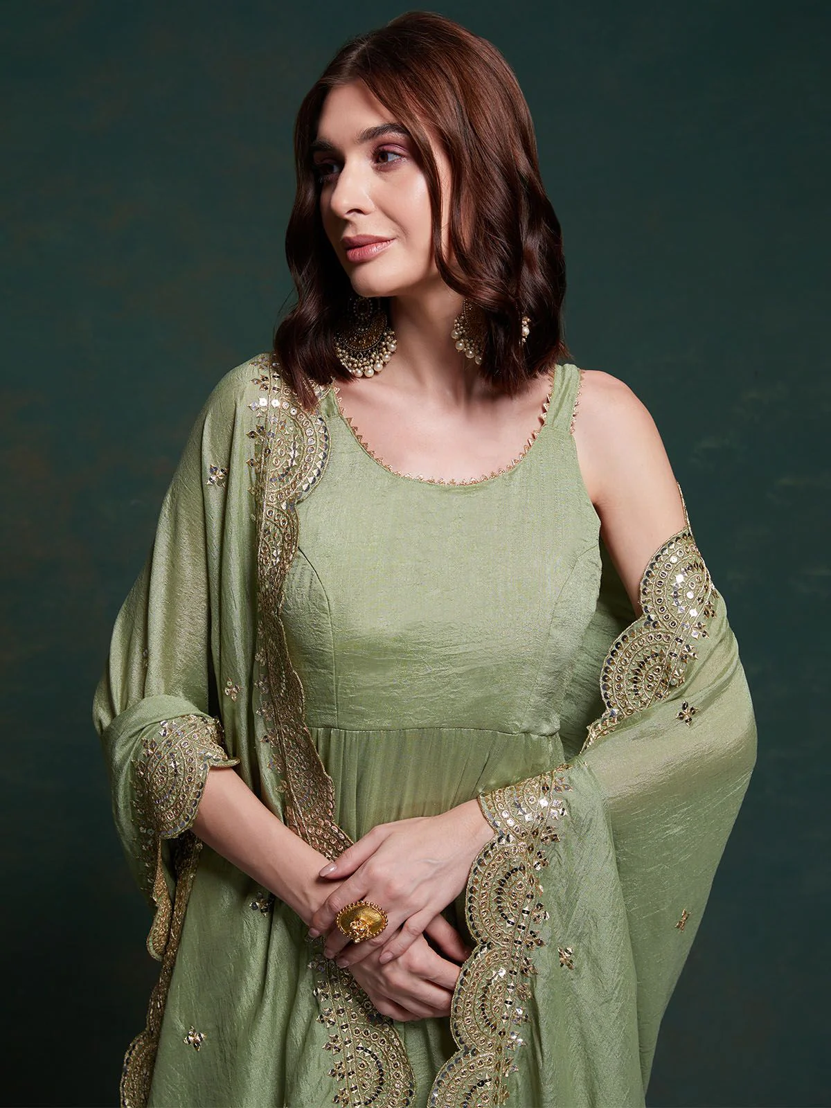 Odette Olive Printed Georgette Stitched Gown For Women - Image 7