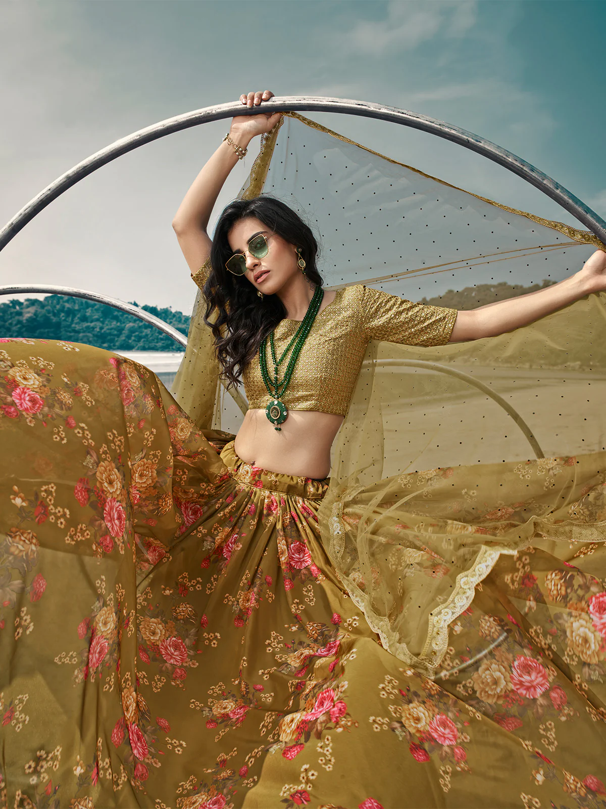 Odette Olive Printed Organza Semi Stitched Lehenga With Blouse For Women - Image 3