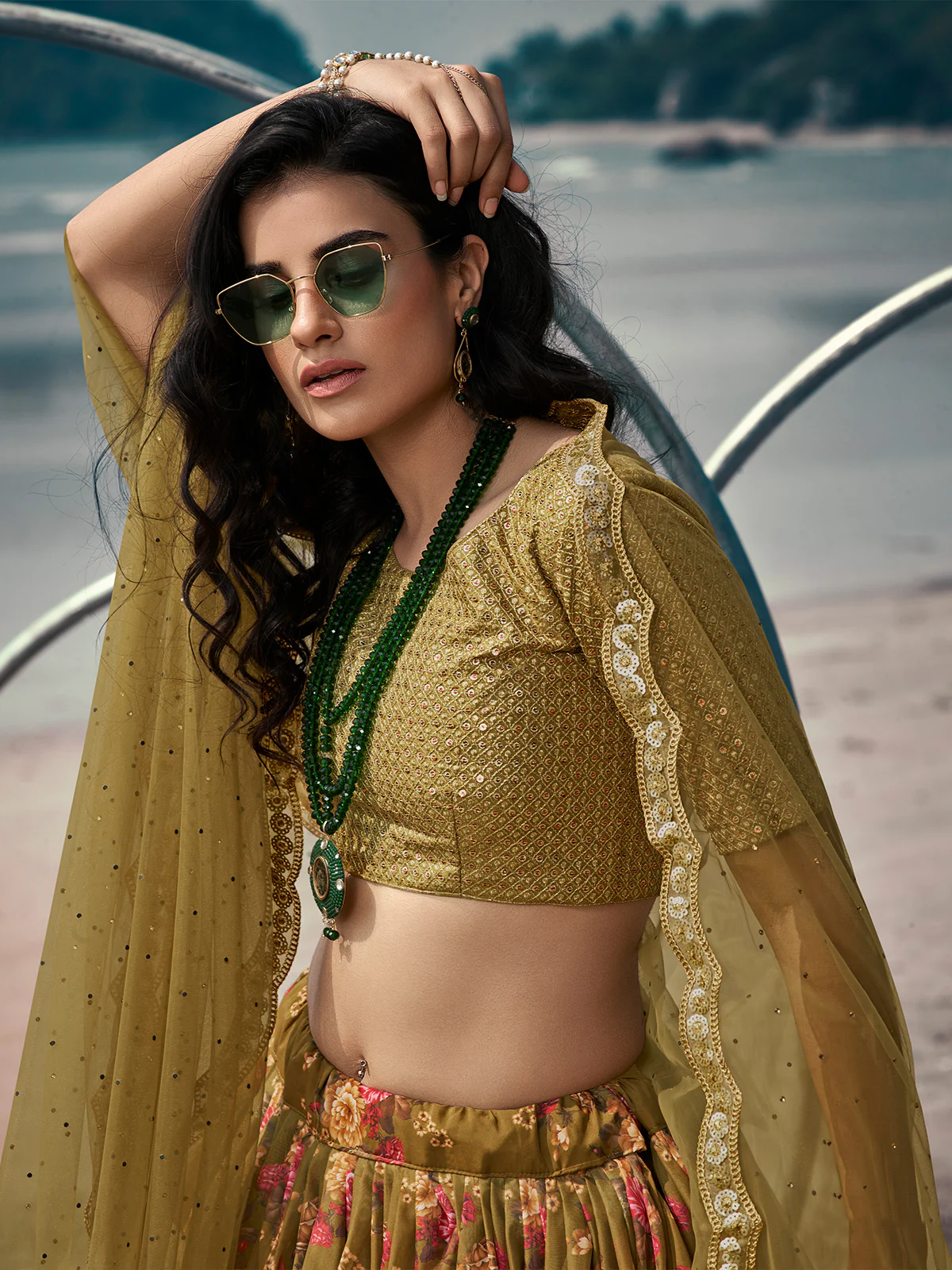 Odette Olive Printed Organza Semi Stitched Lehenga With Blouse For Women - Image 4