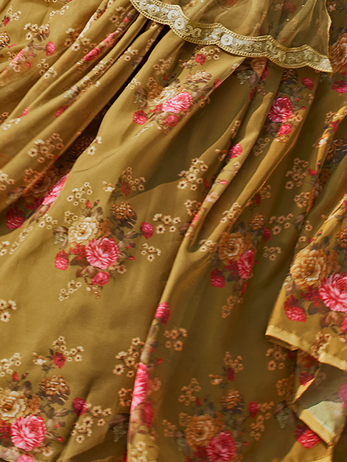 Odette Olive Printed Organza Semi Stitched Lehenga With Blouse For Women - Image 5