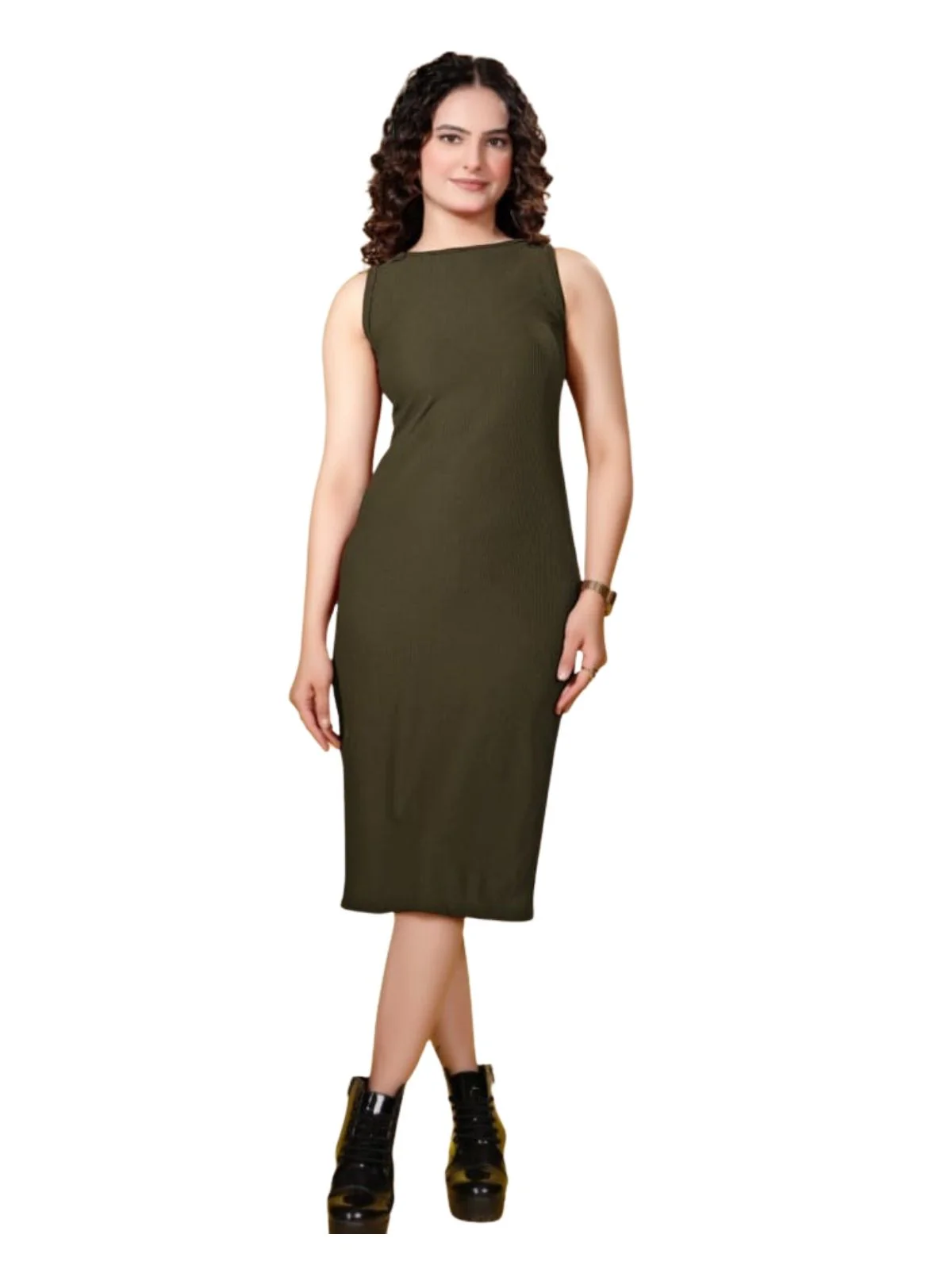 Odette Olive Ribbed Knit Solid Dresses For Women