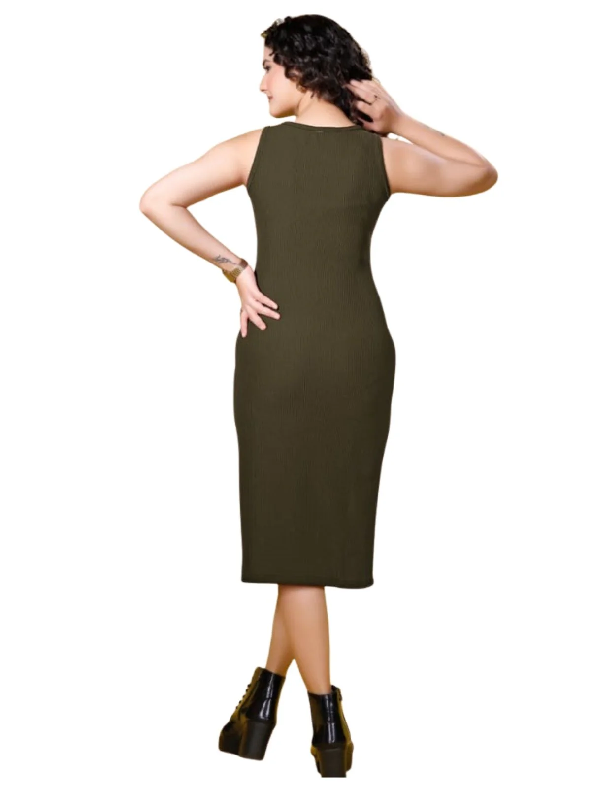 Odette Olive Ribbed Knit Solid Dresses For Women - Image 3