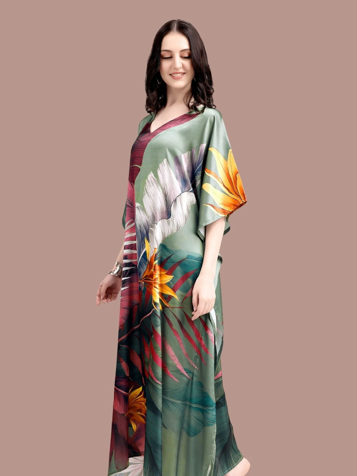 Odette Olive Green Satin Printed Kaftan For Women - Image 4