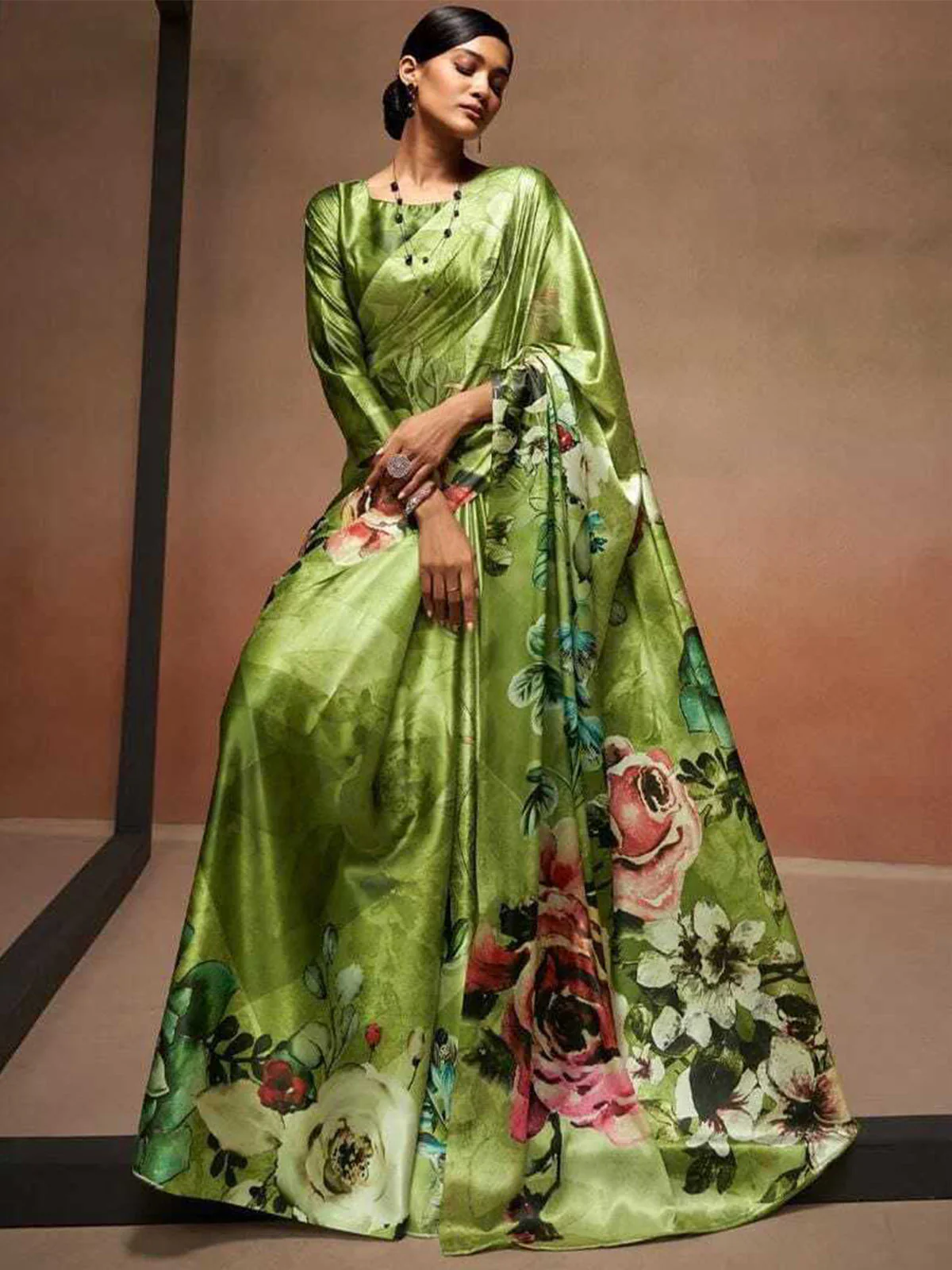 Odette Olive Satin Printed Saree With Unstitched Blouse For Women