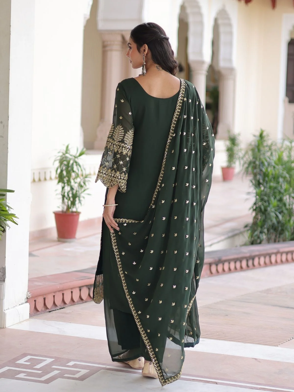 Odette Olive Silk Blend Embellished Kurta Set For Women - Image 3