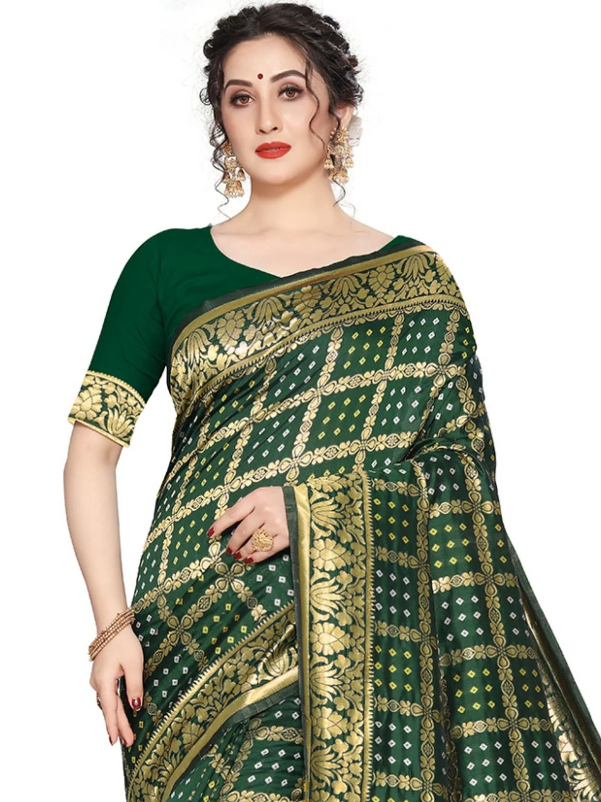 Odette Olive Silk Blend Embellished Saree For Women - Image 4