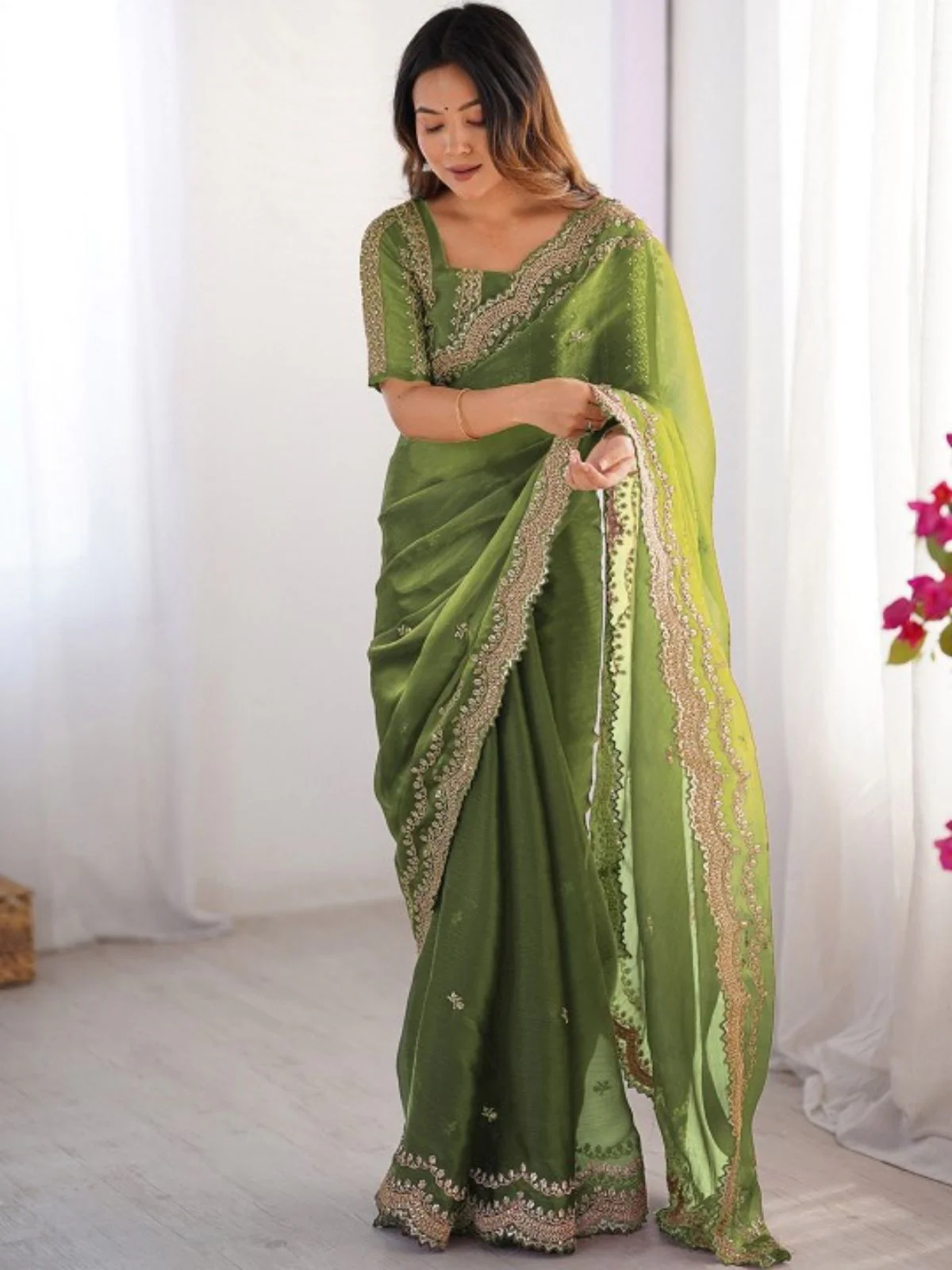 Odette Olive Silk Blend Embellished Solid Saree For Women - Image 3