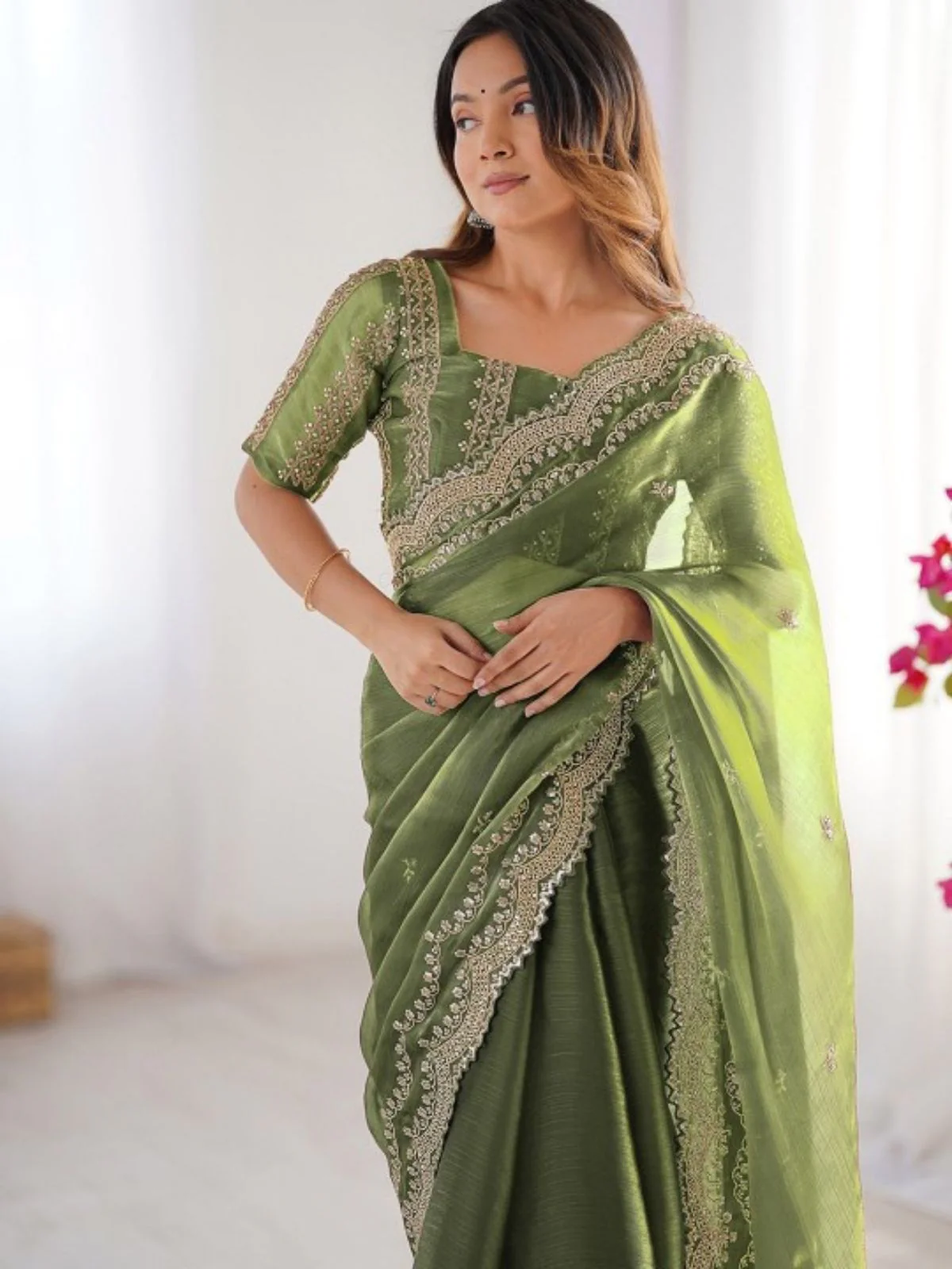 Odette Olive Silk Blend Embellished Solid Saree For Women - Image 4