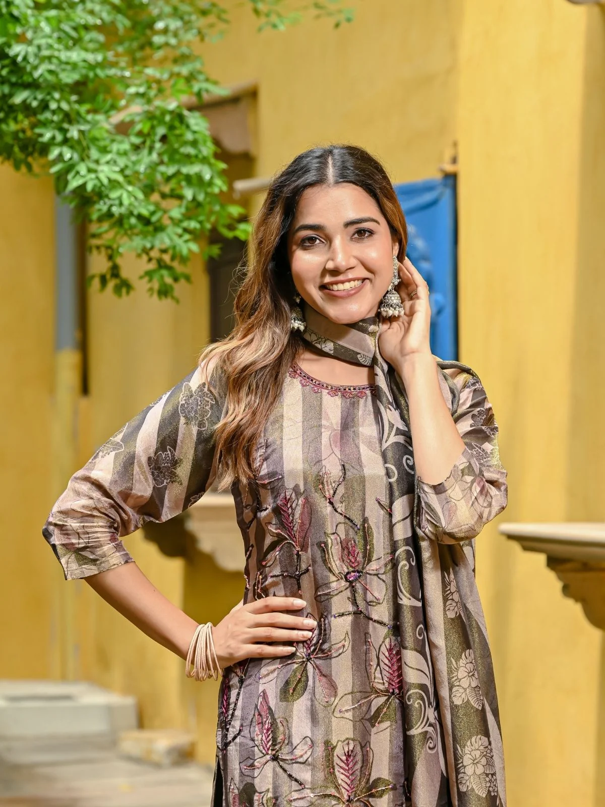 Odette Olive Silk Blend Printed Stitched Kurta Set For Women - Image 3