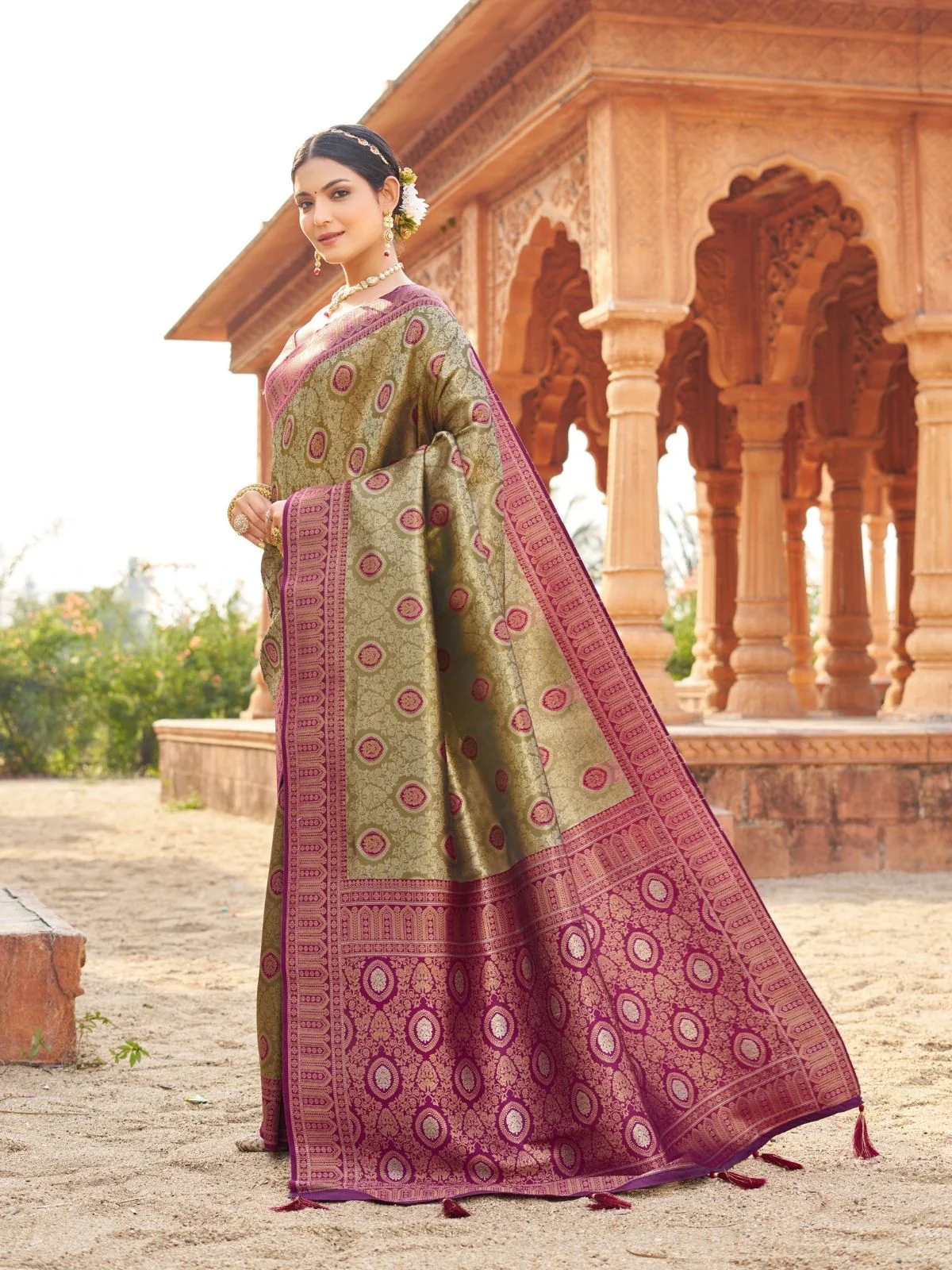 Odette Olive Silk Blend Woven Banarasi Saree For Women - Image 2