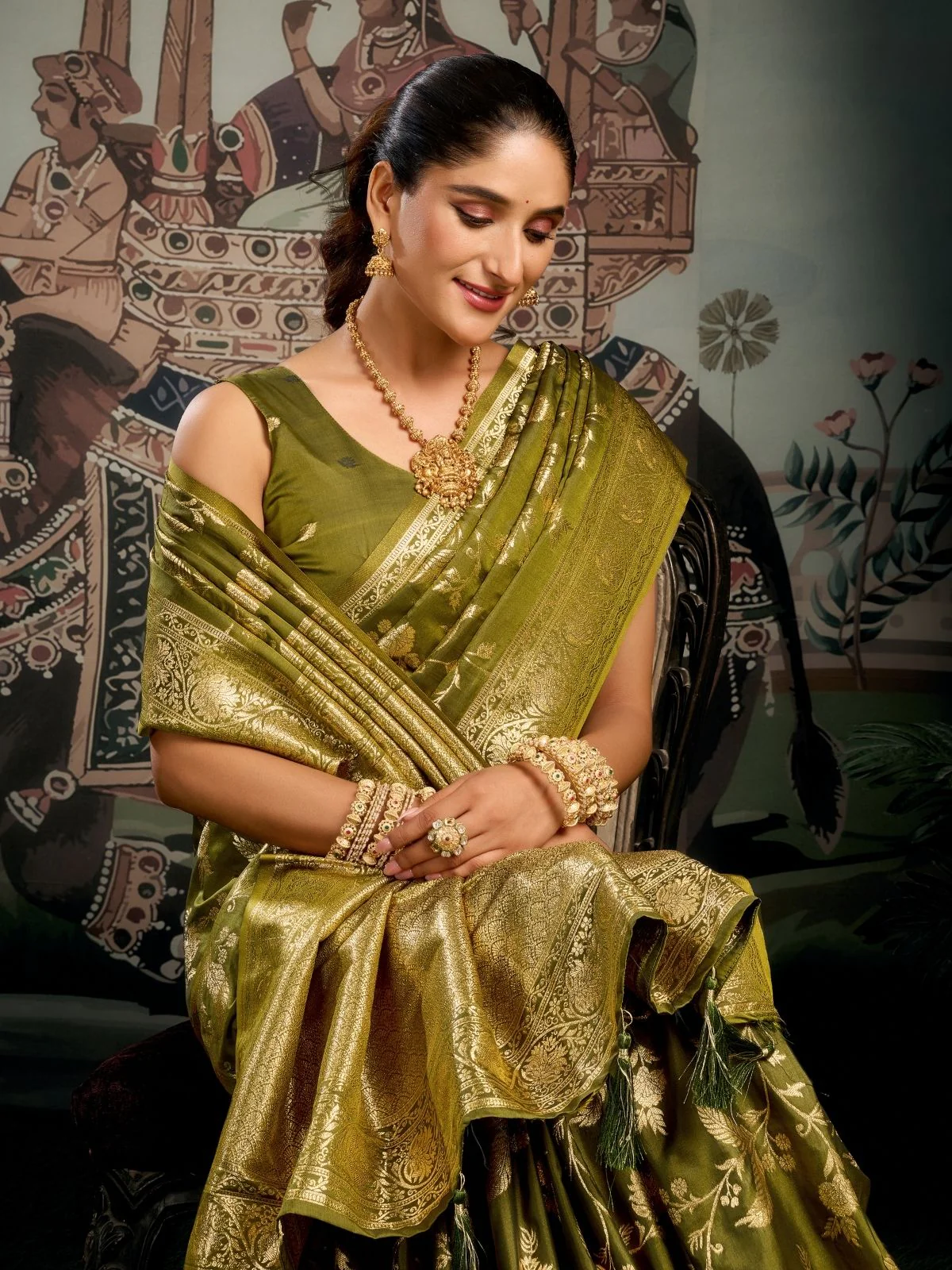 Odette Olive Silk Blend Woven Saree For Women - Image 5