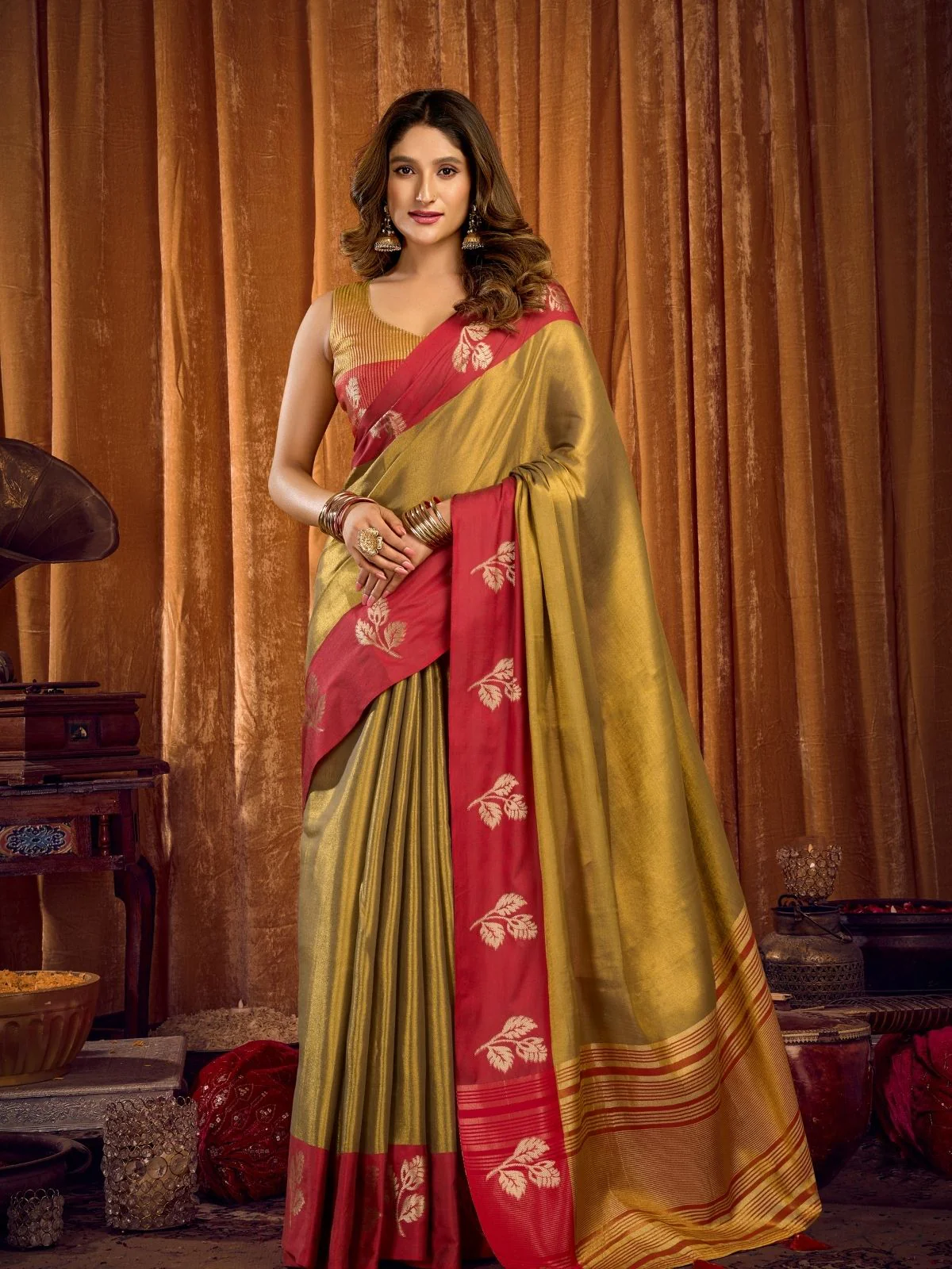 Odette Olive Silk Blend Woven Saree For Women