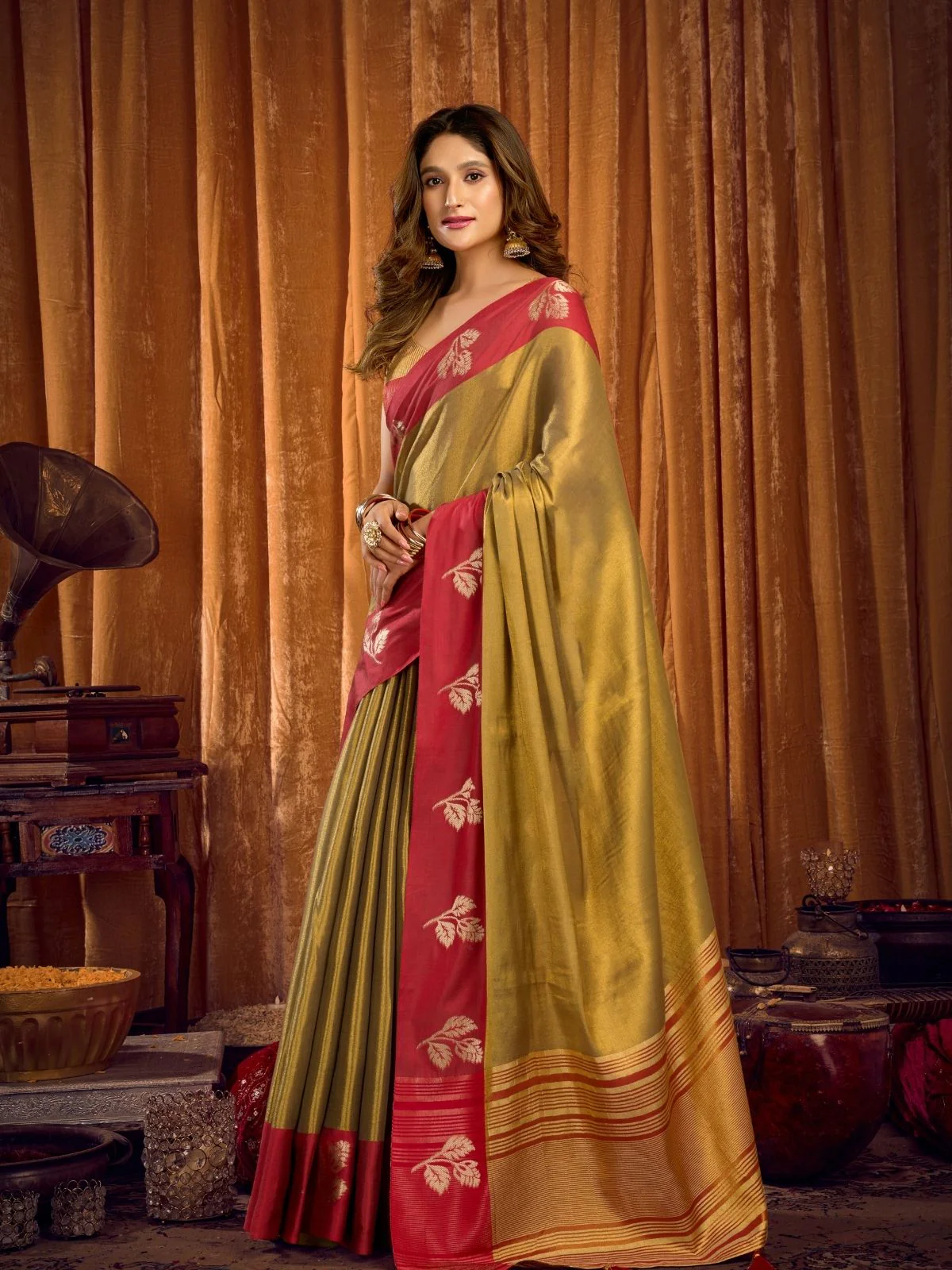 Odette Olive Silk Blend Woven Saree For Women - Image 2