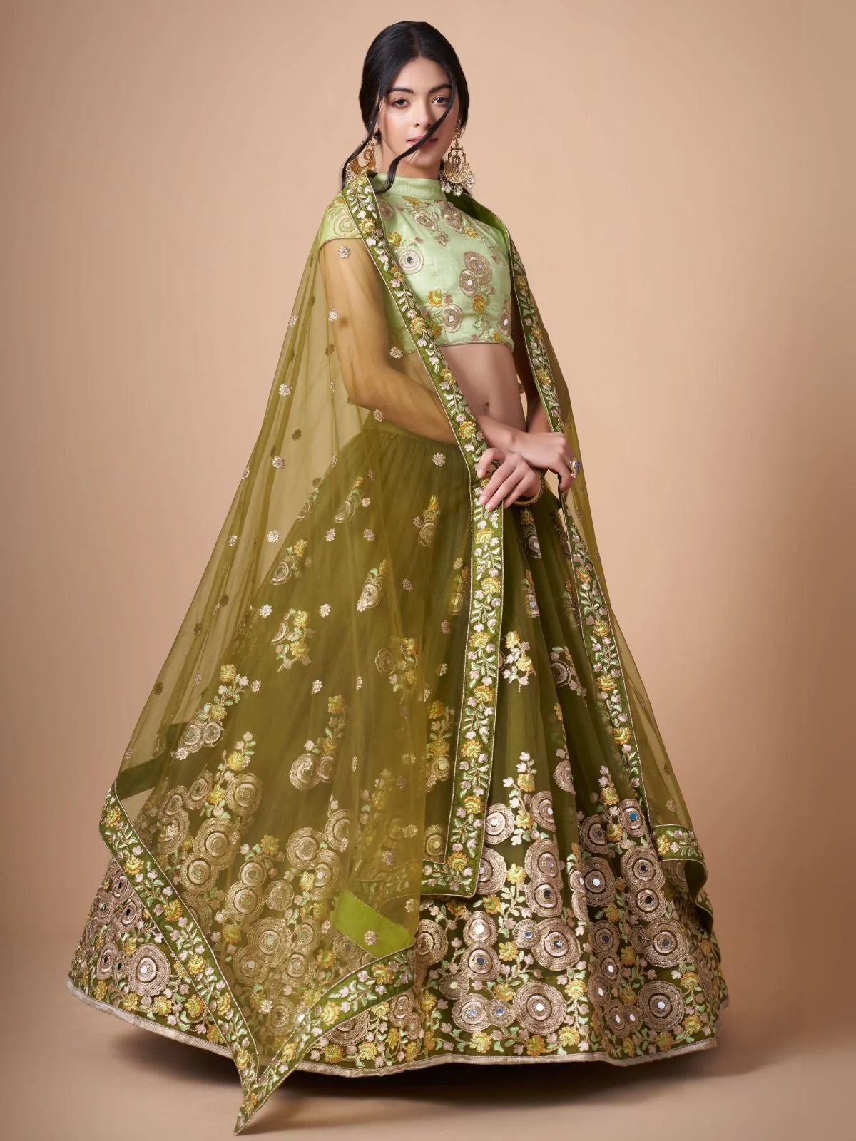 Odette Olive Soft Net Embroidered Semi Stitched Lehenga With Blouse For Women - Image 2